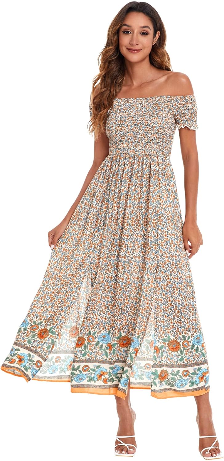 Floerns Women's Boho Floral Print Off Shoulder Split Long A Line Dress