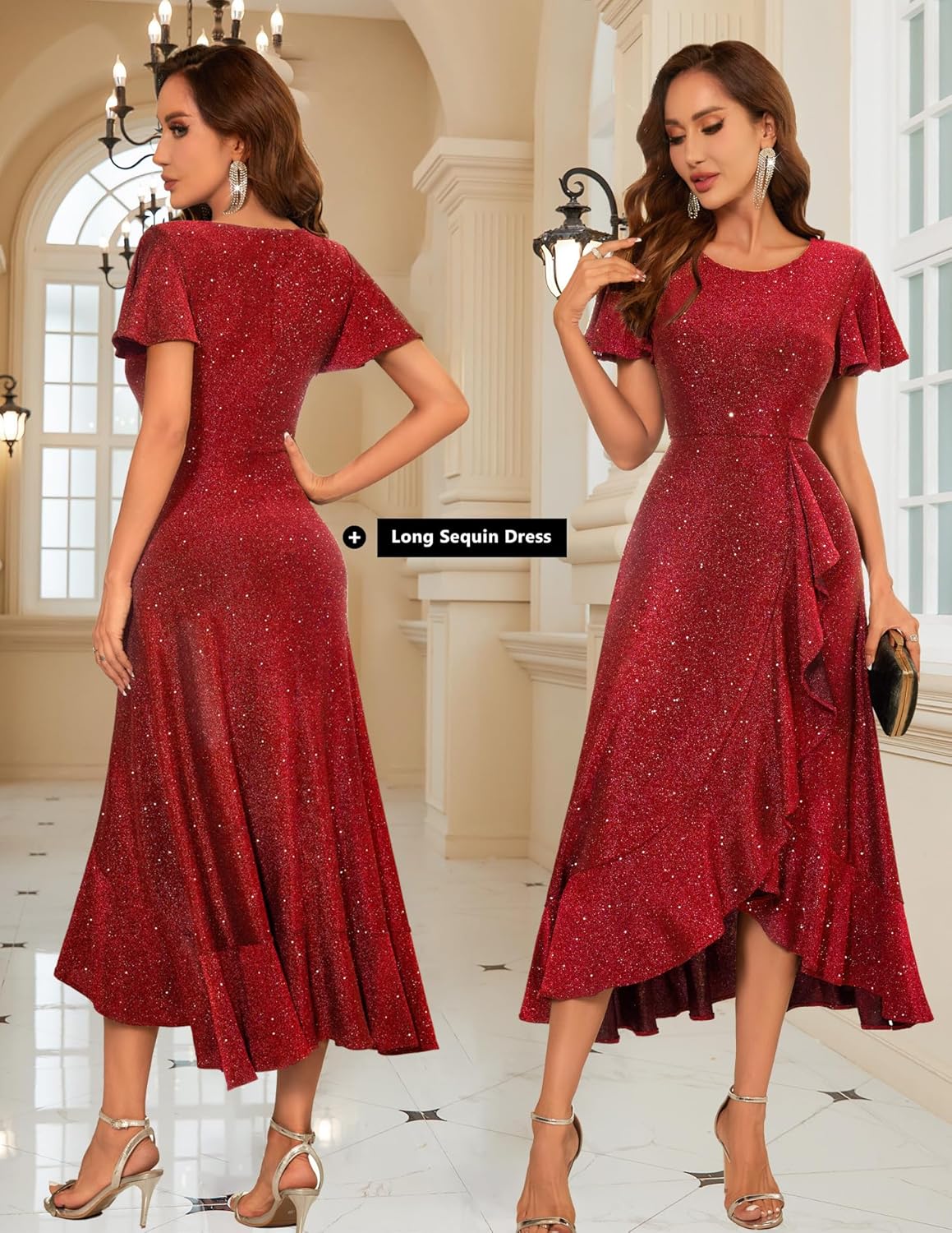 BeryLove Women Sequin Formal Party Dress Flutter Short Sleeve Wedding Cocktail Long Evening Dress