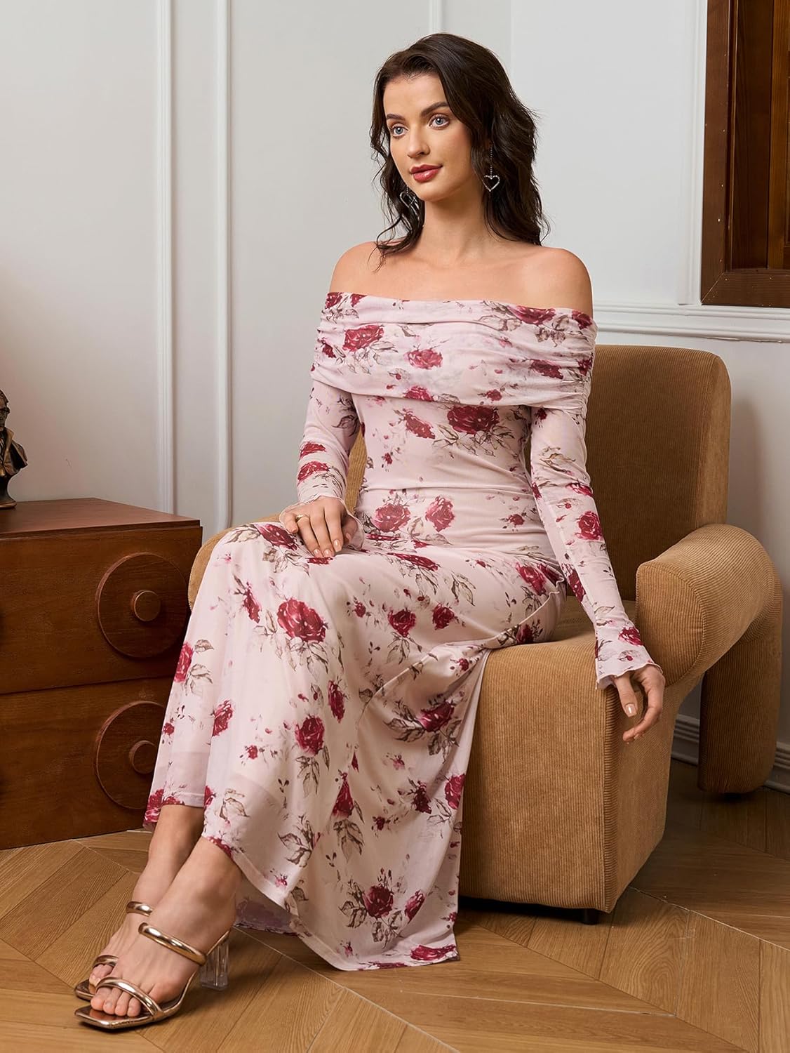 KUTUMAI Women Off Shoulder Bodycon Maxi Dress Long Sleeve Mesh Ruched Party Formal Wedding Guest Dresses
