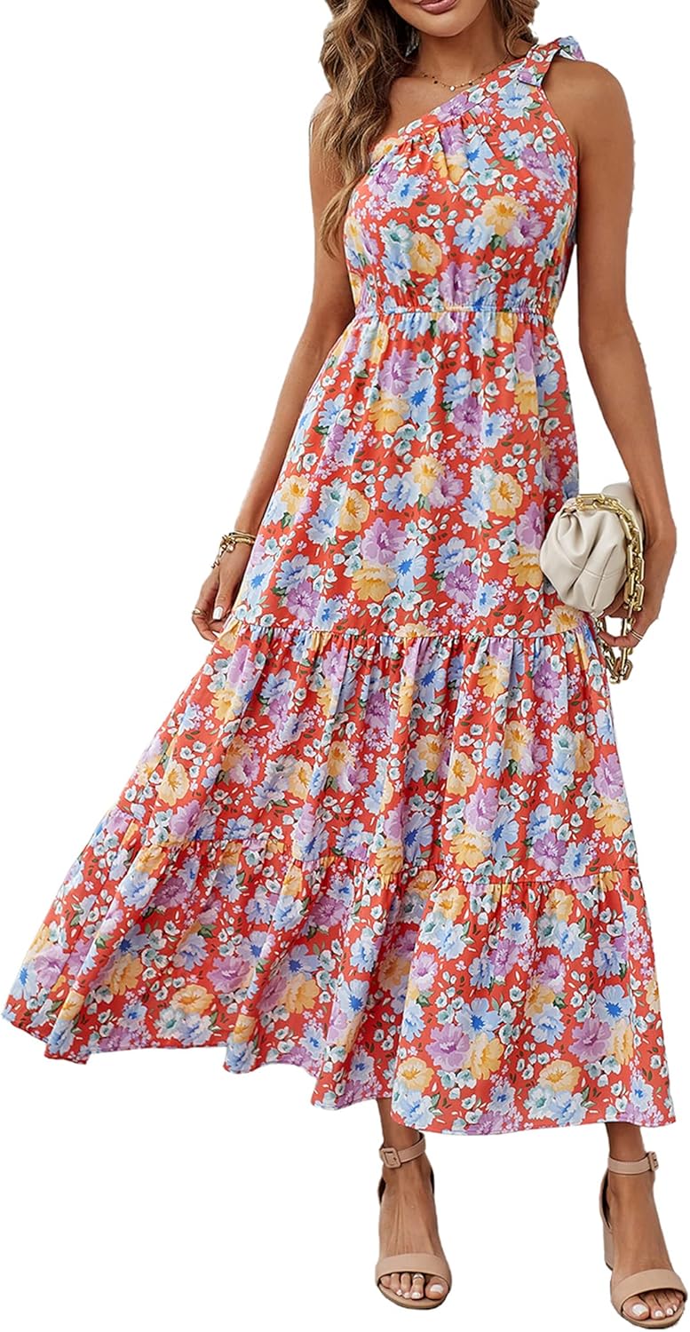 PRETTYGARDEN Women's Summer Floral Maxi Dress Knot One Shoulder Sleeveless Ruffle Flowy Boho Beach Wedding Guest Dresses