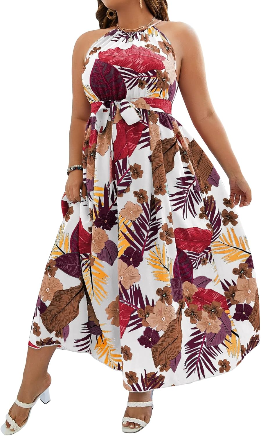 Floerns Women's Plus Size Boho Sleeveless Halter Neck Tie Back A Line Long Dress