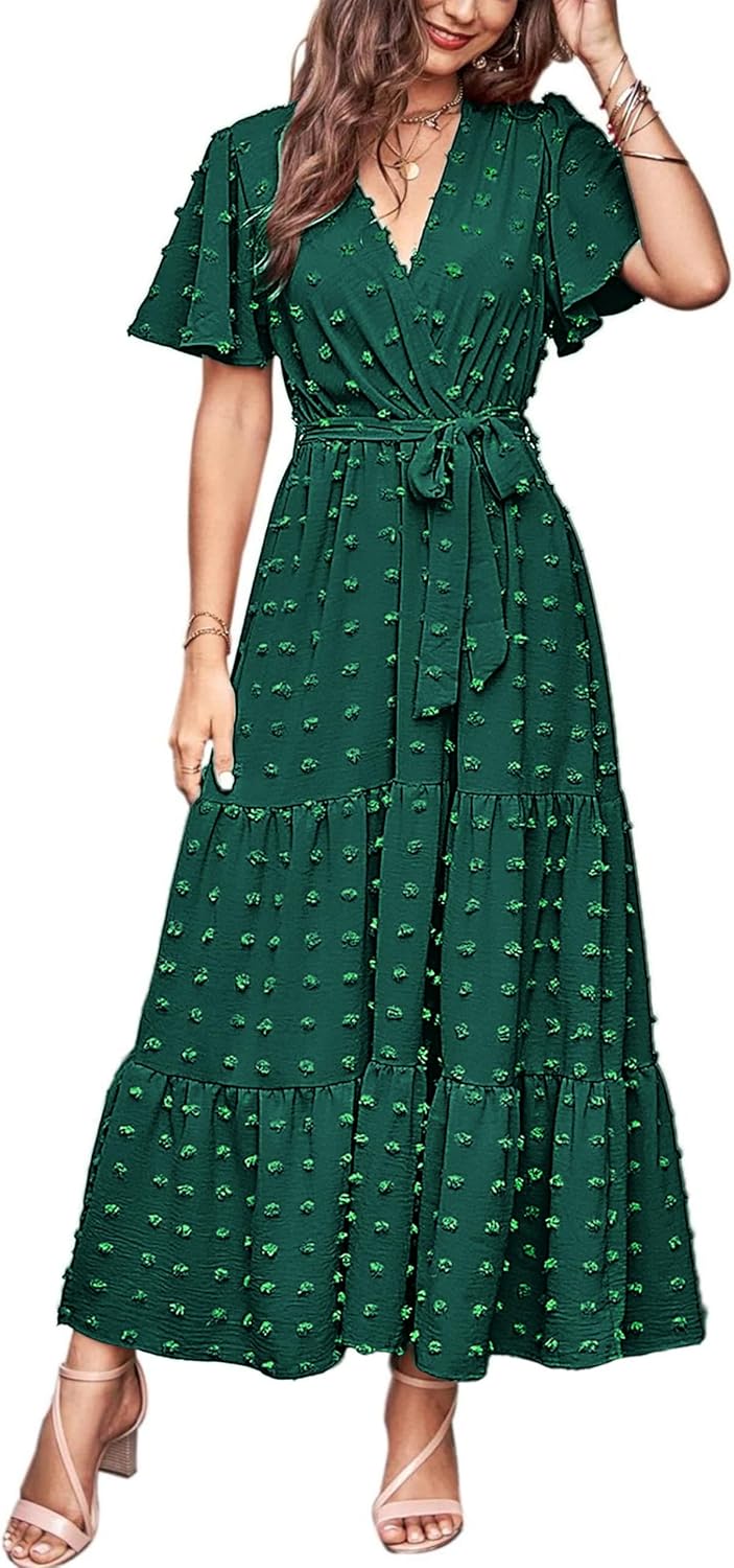 MASCOMODA Womens Boho Swiss Dot Maxi Dresses Wrap V Neck Flutter Short Sleeve Solid Tie Belt A Line Tiered Flowy Long Dress