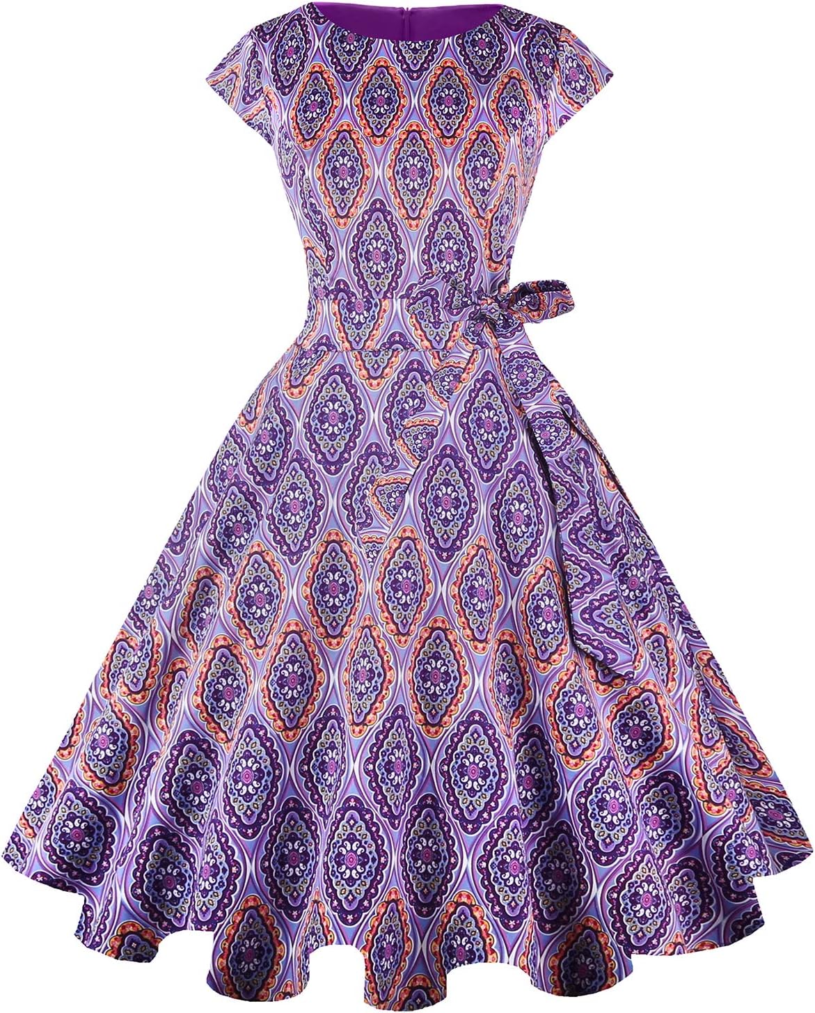 PUKAVT Women's 1950 Boatneck Cap Sleeve Vintage Swing Cocktail Party Dress with Pockets