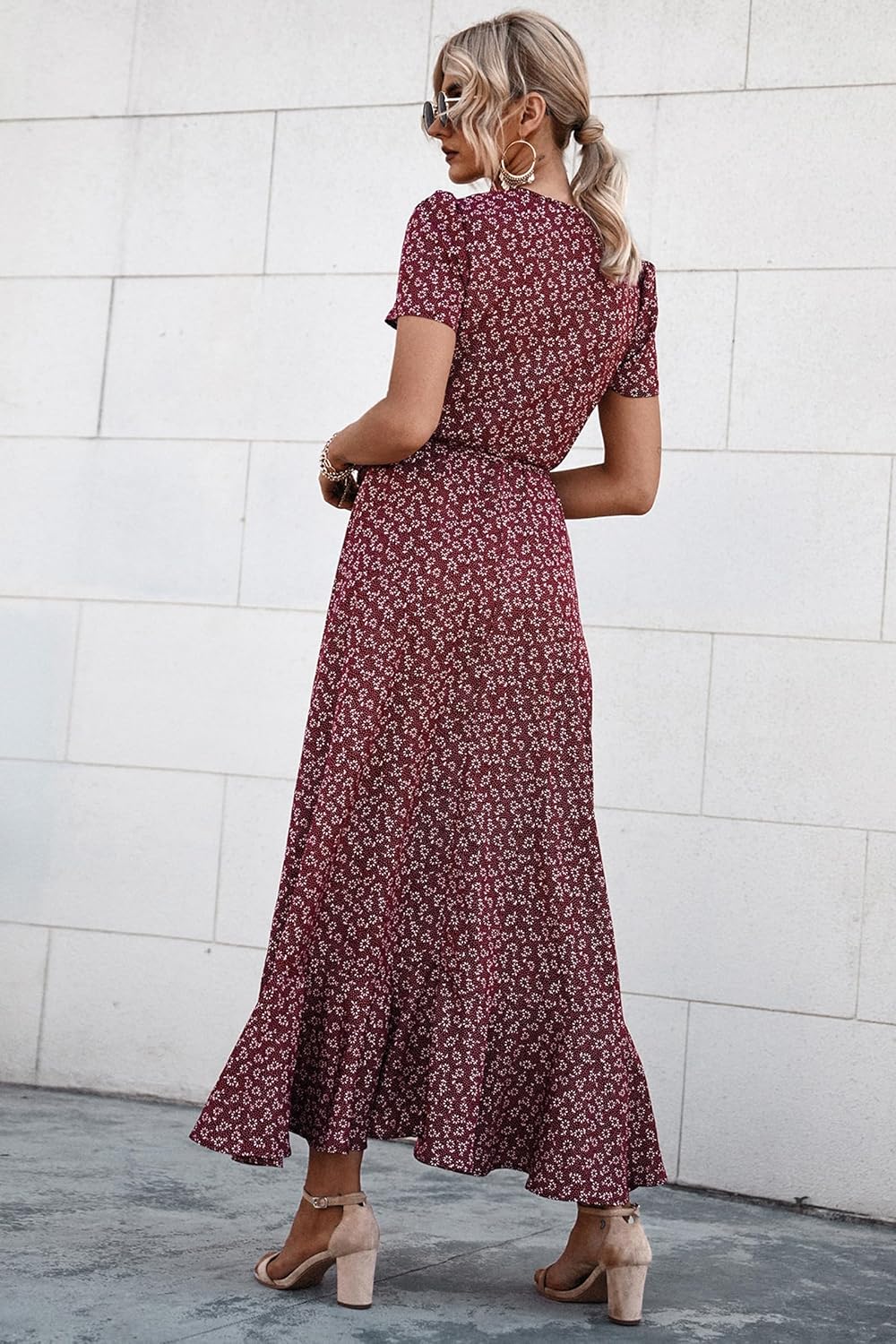 PRETTYGARDEN Women's Summer Wrap Maxi Dress Casual Short Sleeve Floral Boho V Neck Split Ruffle Beach Long Dresses