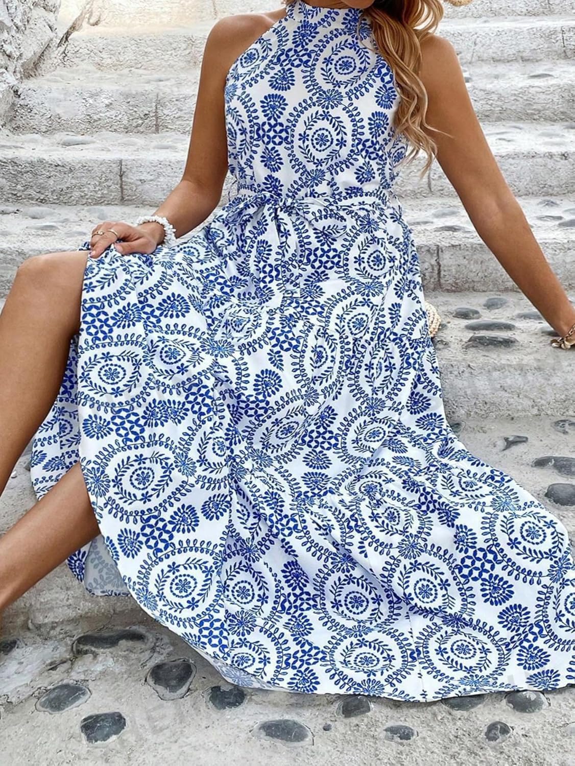 Floerns Women's Plus Size Boho Sleeveless Halter Neck Tie Back A Line Long Dress