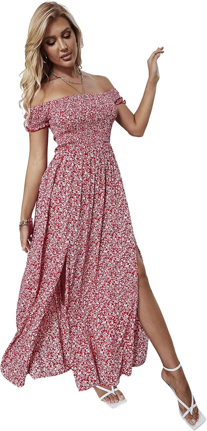 Floerns Women's Boho Floral Print Off Shoulder Split Long A Line Dress