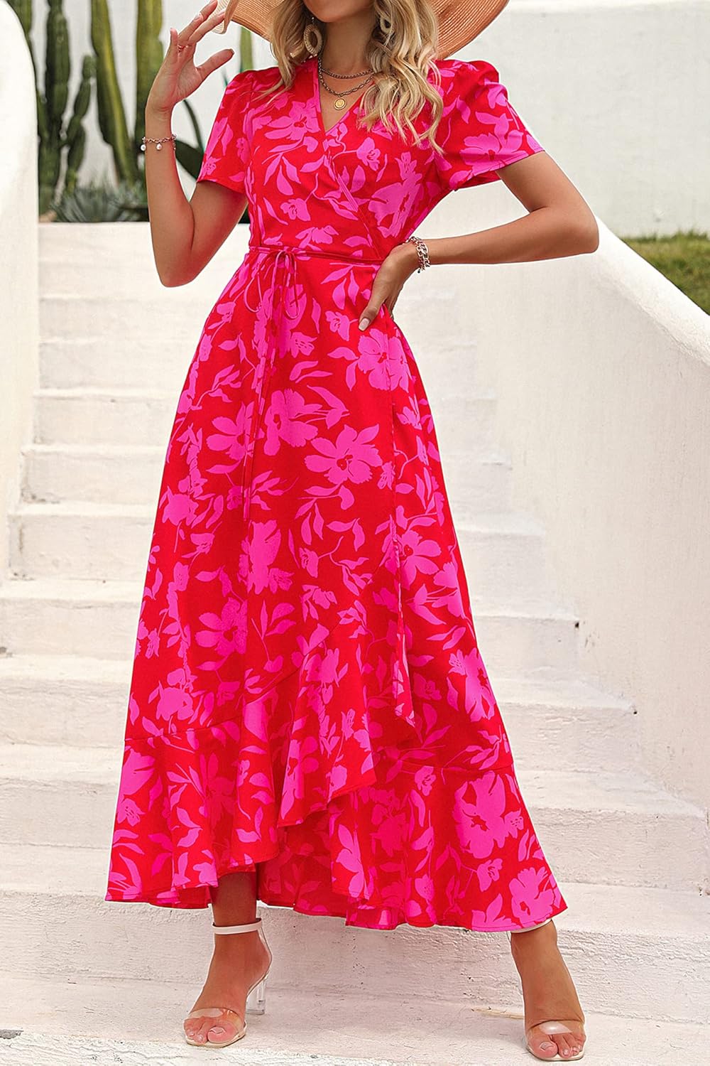 PRETTYGARDEN Women's Summer Wrap Maxi Dress Casual Short Sleeve Floral Boho V Neck Split Ruffle Beach Long Dresses