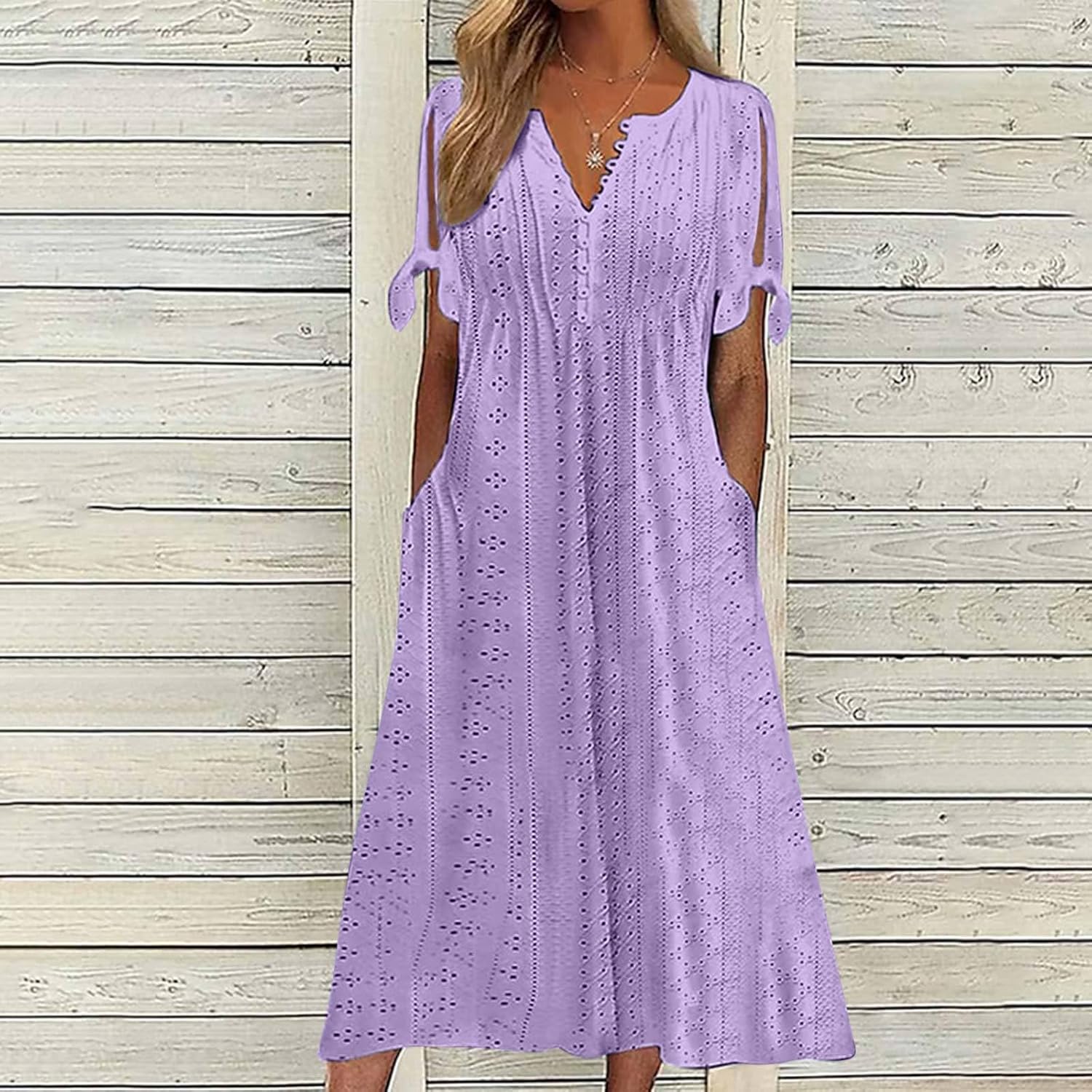 ZYXTIM Womens Eyelet Dress V Neck Short Sleeve Hollow Out Summer Beach Vacation Dresses Swing A Line Vintage Long Dresses