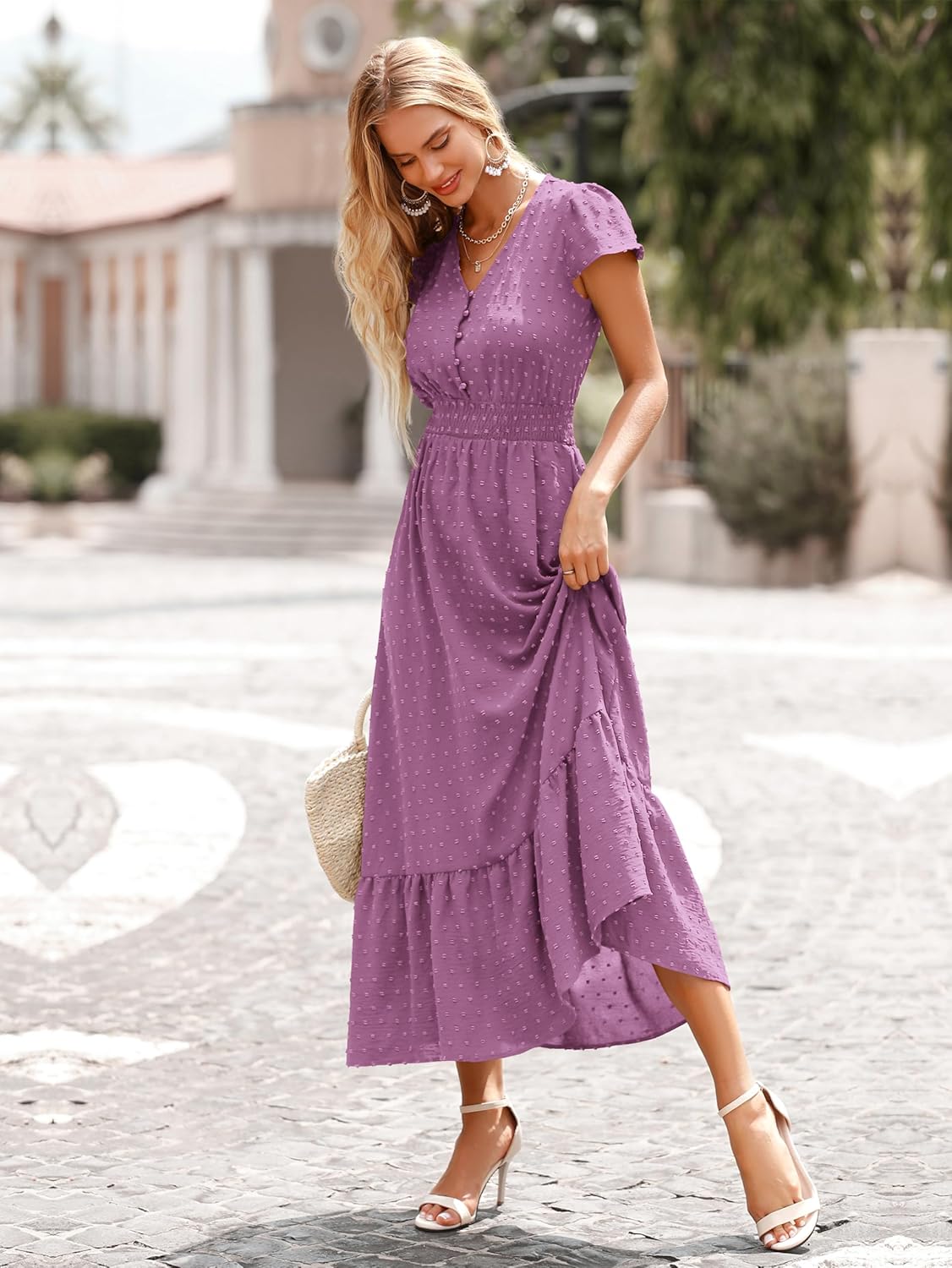 PRETTYGARDEN Womens Dresses 2025 Summer Maxi Dress Boho Short Sleeve V Neck Swiss Dot Ruffle Tiered Smocked Flowy Long Dress