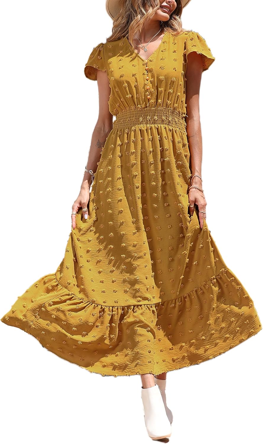 PRETTYGARDEN Womens Dresses 2025 Summer Maxi Dress Boho Short Sleeve V Neck Swiss Dot Ruffle Tiered Smocked Flowy Long Dress