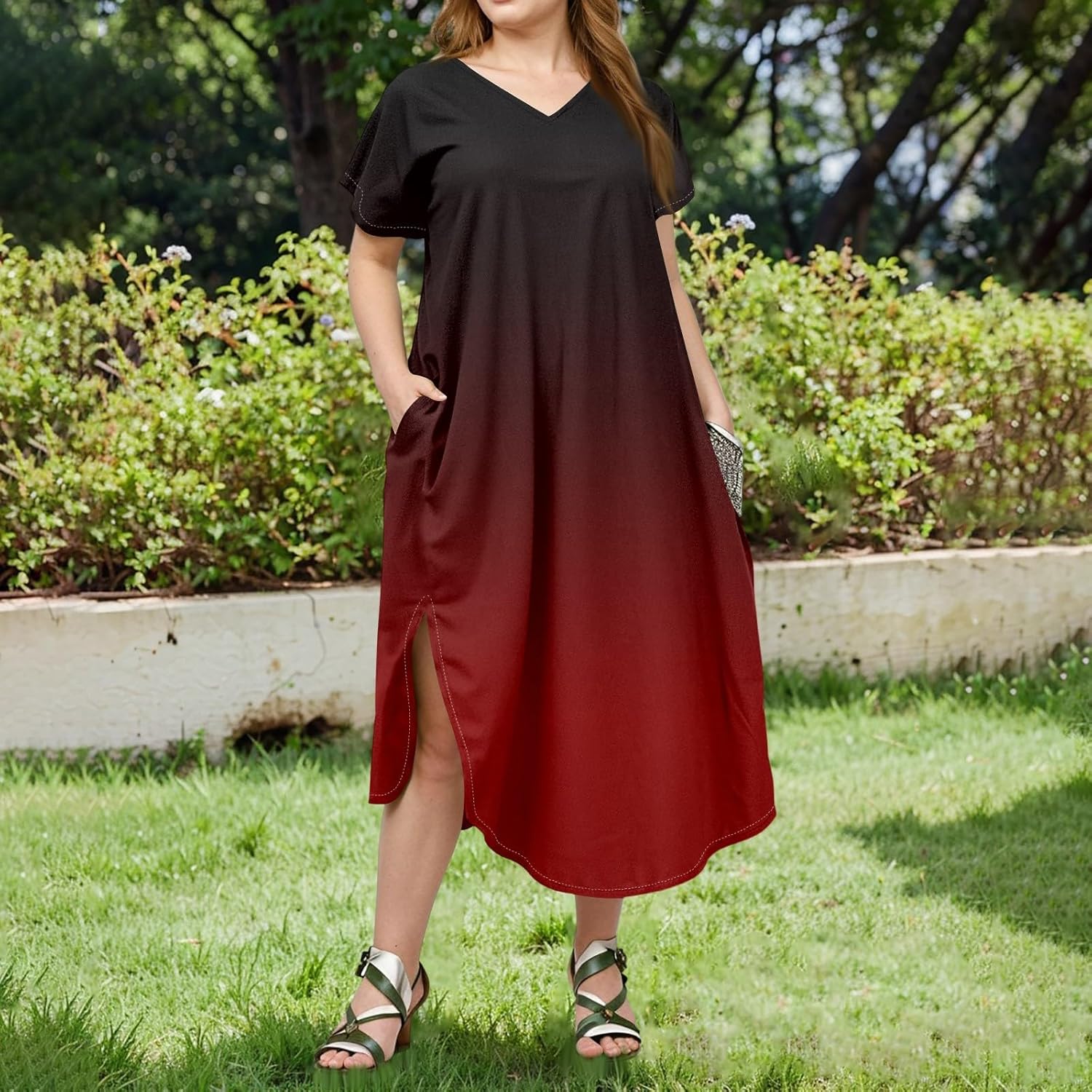 Maxi Dresses for Women 2025 Plus Size Tie Dye V Neck Dress Short Sleeve Side Split Beach Summer Sundress with Pocket