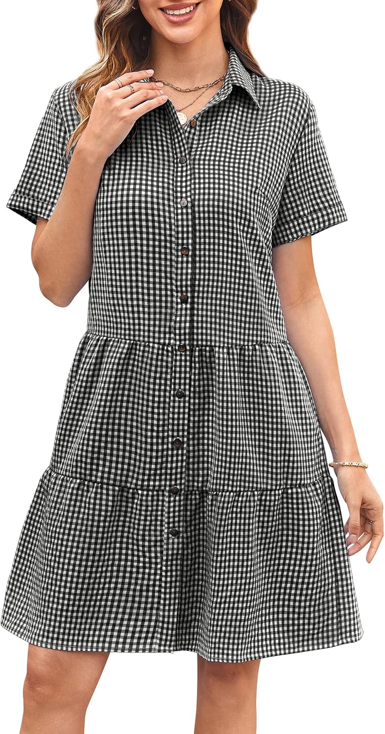 CCTOO Women's Summer Dresses Casual V Neck Button Down 3/4 Sleeve Floral Print Loose Flowy Shirt Dress