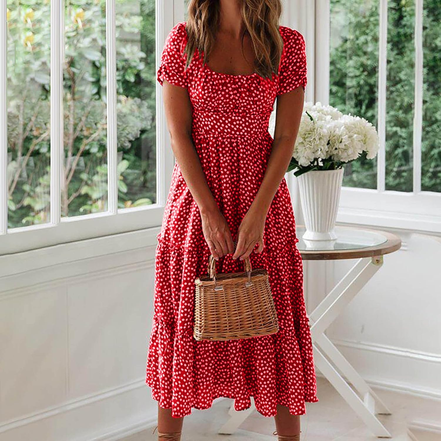 Womens Short Sleeve Dress Dress for Women Scoop Neck Chiffon Beach Hawaiian Pleated Maxi Long Dress 2025