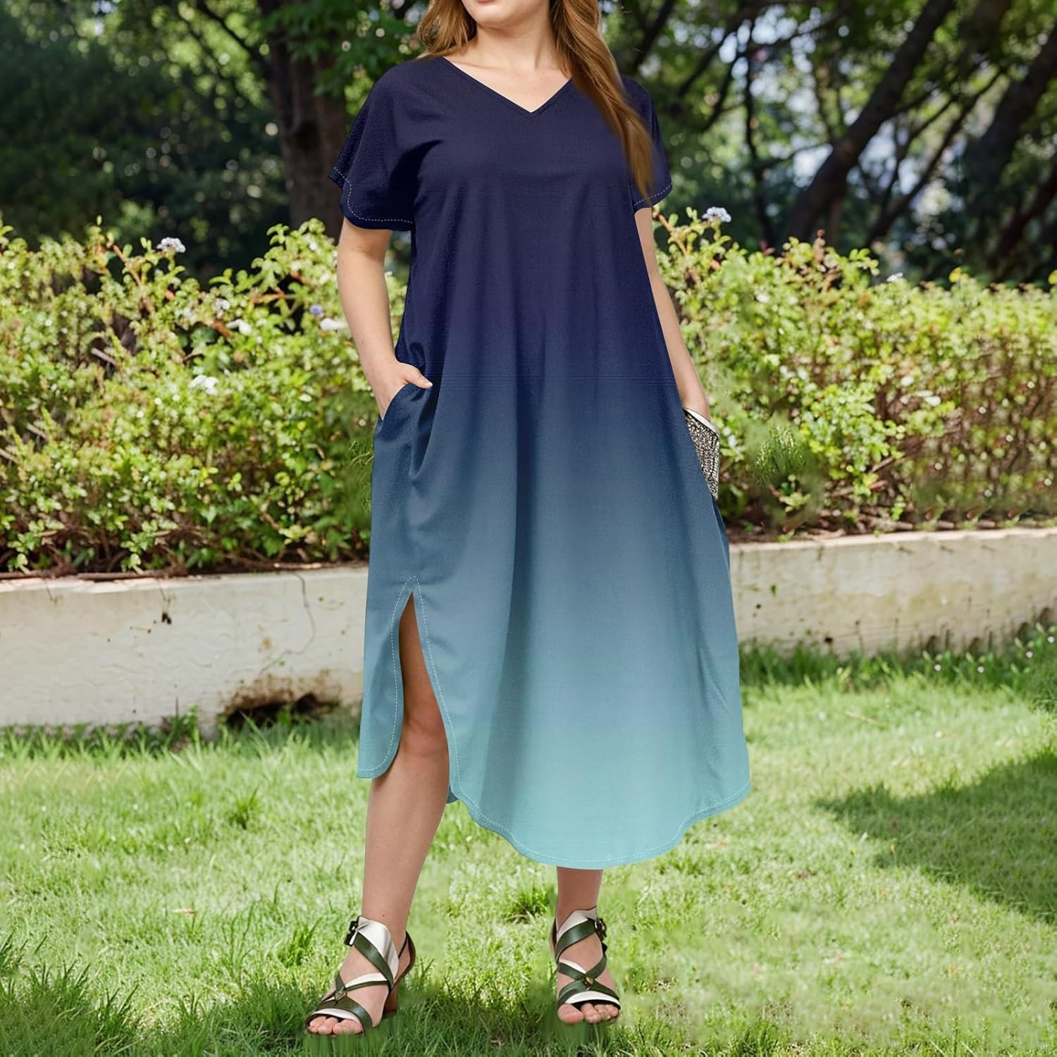 Maxi Dresses for Women 2025 Plus Size Tie Dye V Neck Dress Short Sleeve Side Split Beach Summer Sundress with Pocket