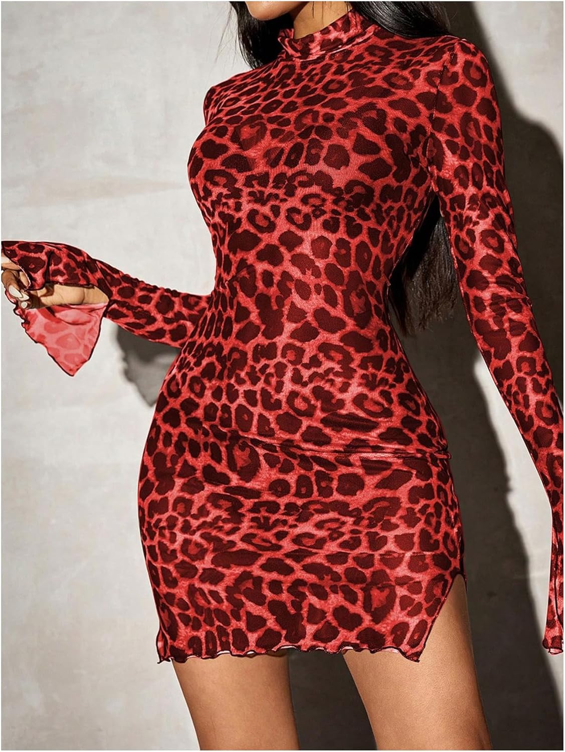 Milumia Women's Leopard Print Sheer Mesh Mini Dresses Long Bell Sleeve See Through Bodycon Dress Party Club Rave
