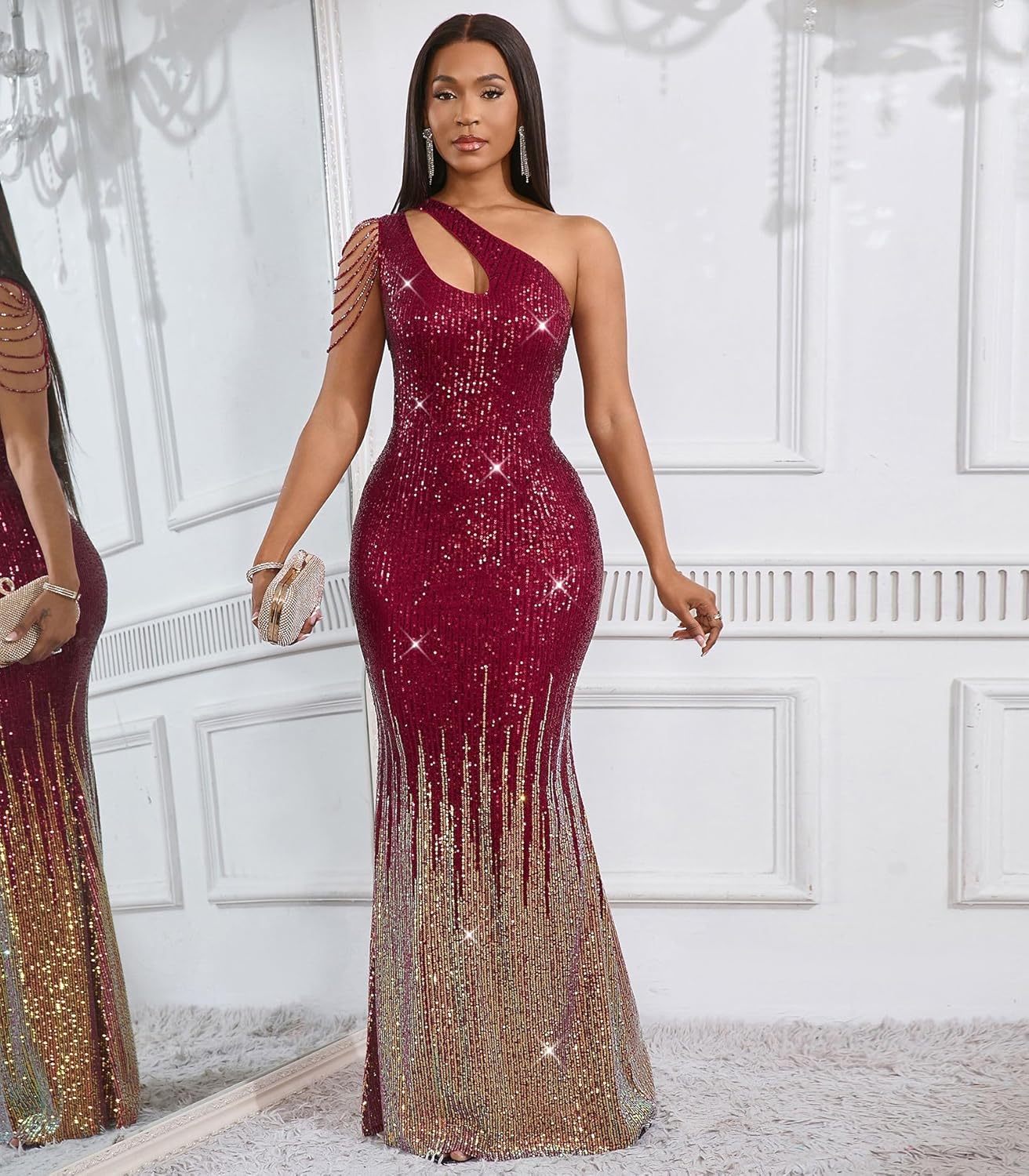 Cololura Women Sequin Elegant Sexy One Shoulder Tassel Mermaid Bodycon Cocktail Evening Dress