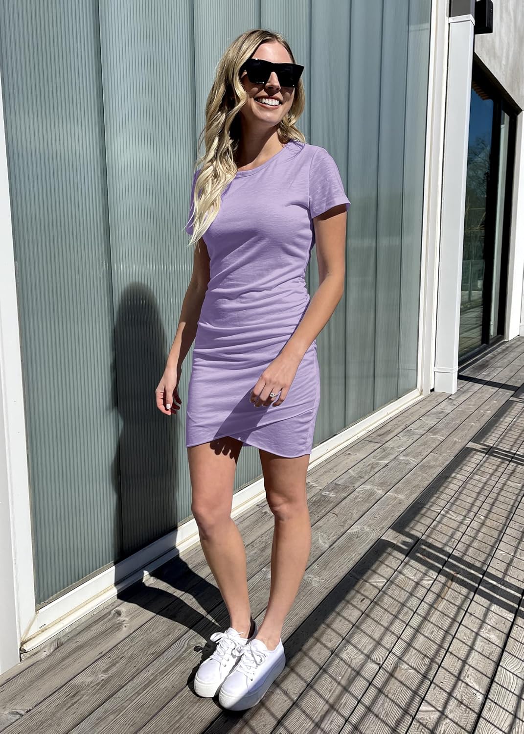 BTFBM Women's 2025 Summer Casual Beach Dresses Crew Neck Short Sleeve Wrap Party Club Mini Ruched Bodycon T Shirt Dress