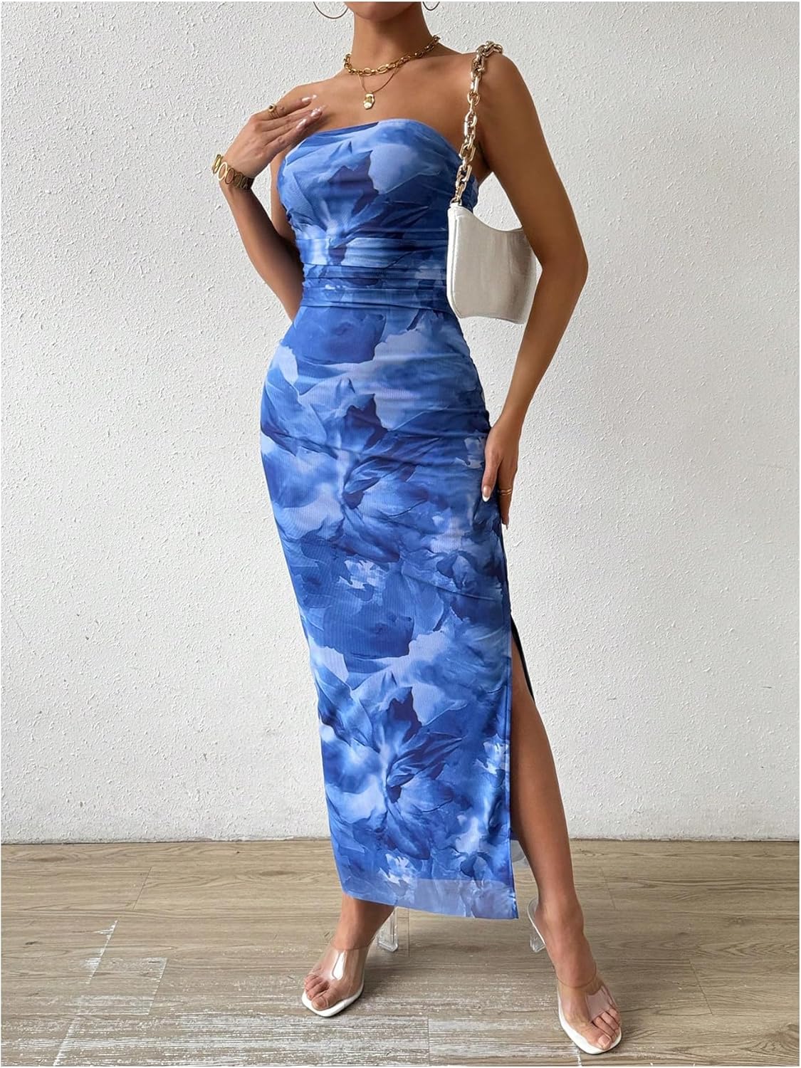 Milumia Women's Printed Strapless Tube Top Long Dress Slit Hem Sleeveless Bodycon Maxi Dresses