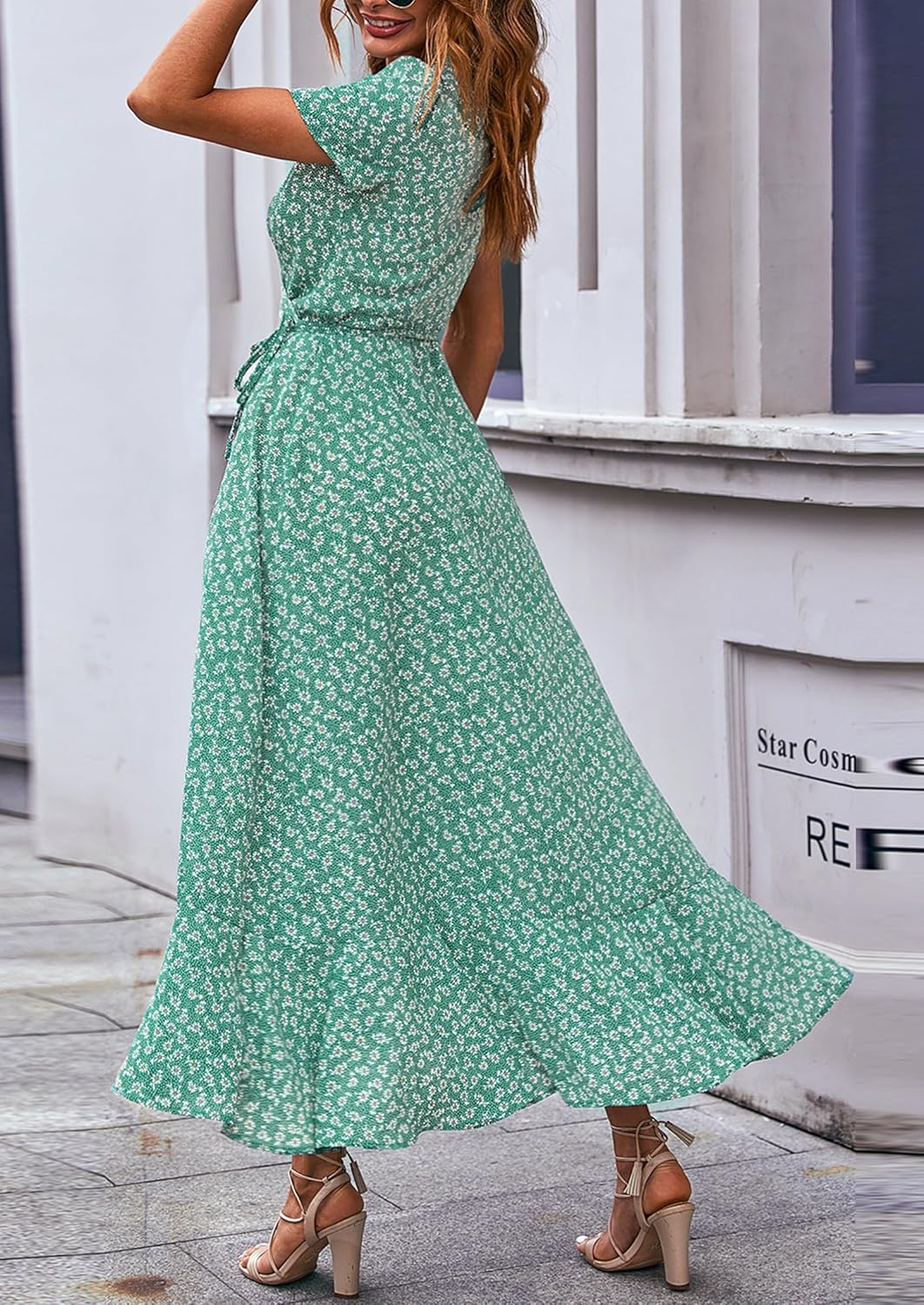 PRETTYGARDEN Women's Summer Wrap Maxi Dress Casual Short Sleeve Floral Boho V Neck Split Ruffle Beach Long Dresses