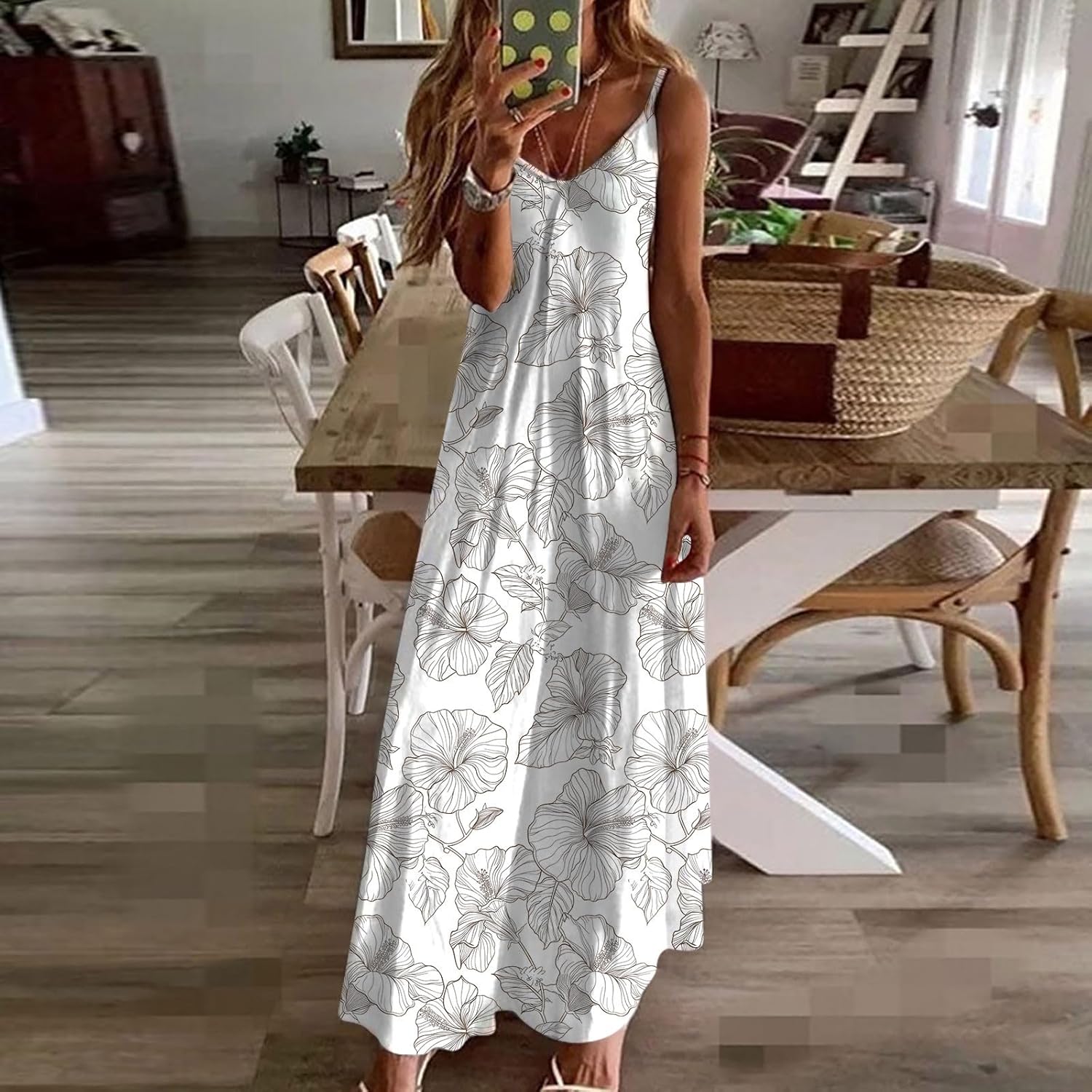 Womens Floral Maxi Dresses Spaghetti Strap Casual Summer Long Dress Vneck Flowy Boho Beach Sundress Vacation Outfits