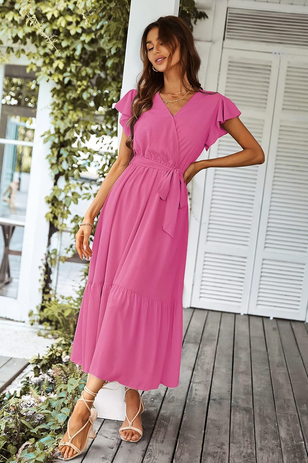 PRETTYGARDEN Women's Summer Floral Boho Dress Wrap V Neck Short Sleeve Ruffle A-Line Flowy Maxi Wedding Guest Dresses