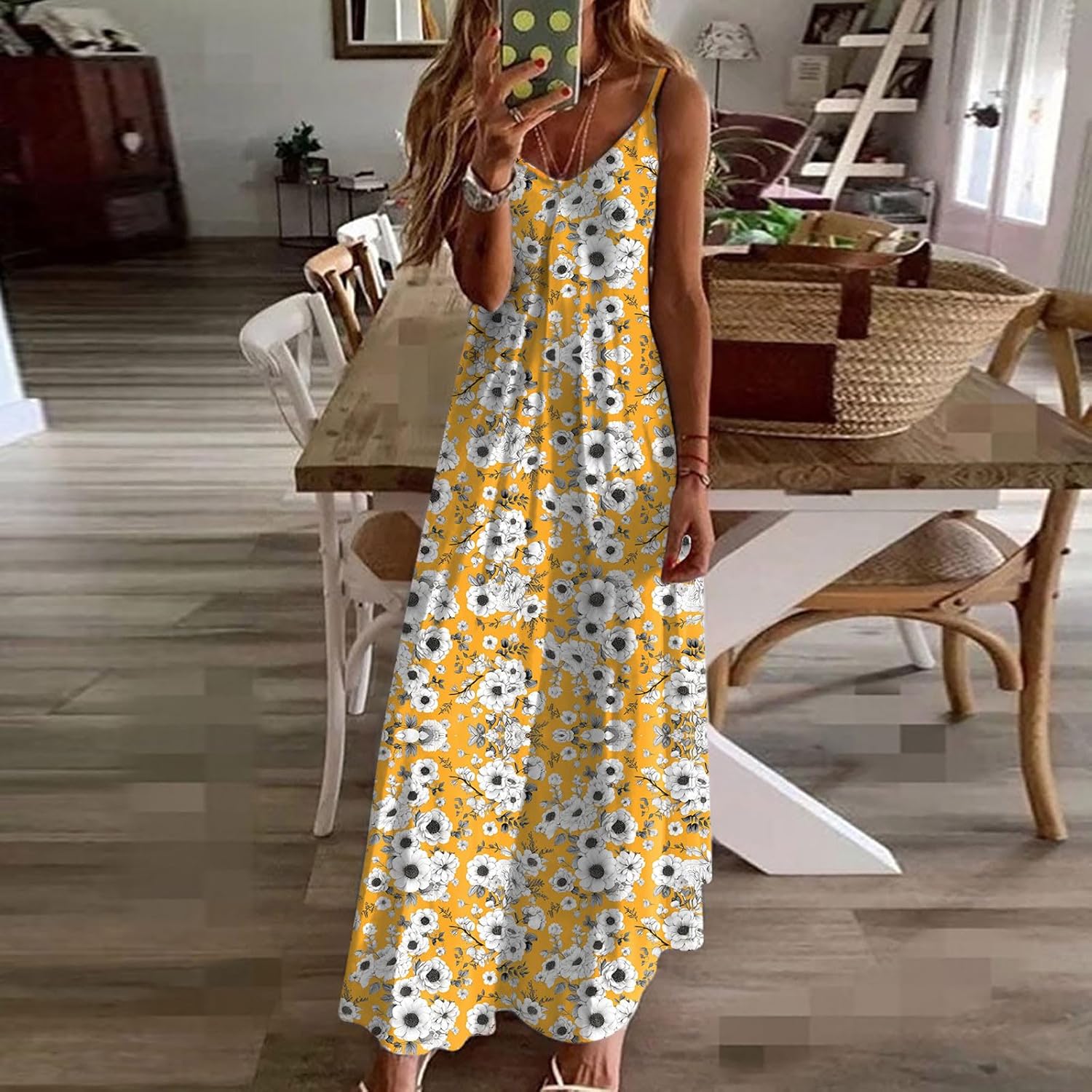 Womens Floral Maxi Dresses Spaghetti Strap Casual Summer Long Dress Vneck Flowy Boho Beach Sundress Vacation Outfits