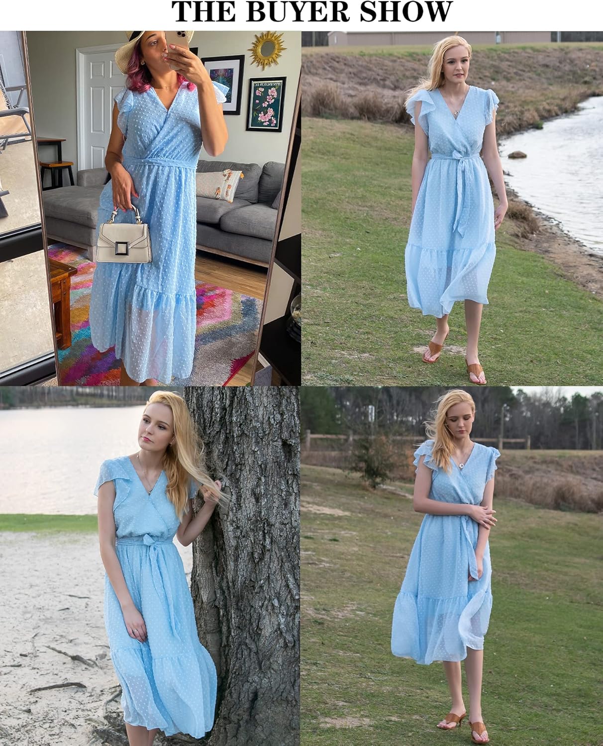 BTFBM Women Summer Bohemian Floral Casual Wrap V Neck Ruffle Cap Sleeveless Belt A-Line Pleated Hem Midi Sun Dress White
