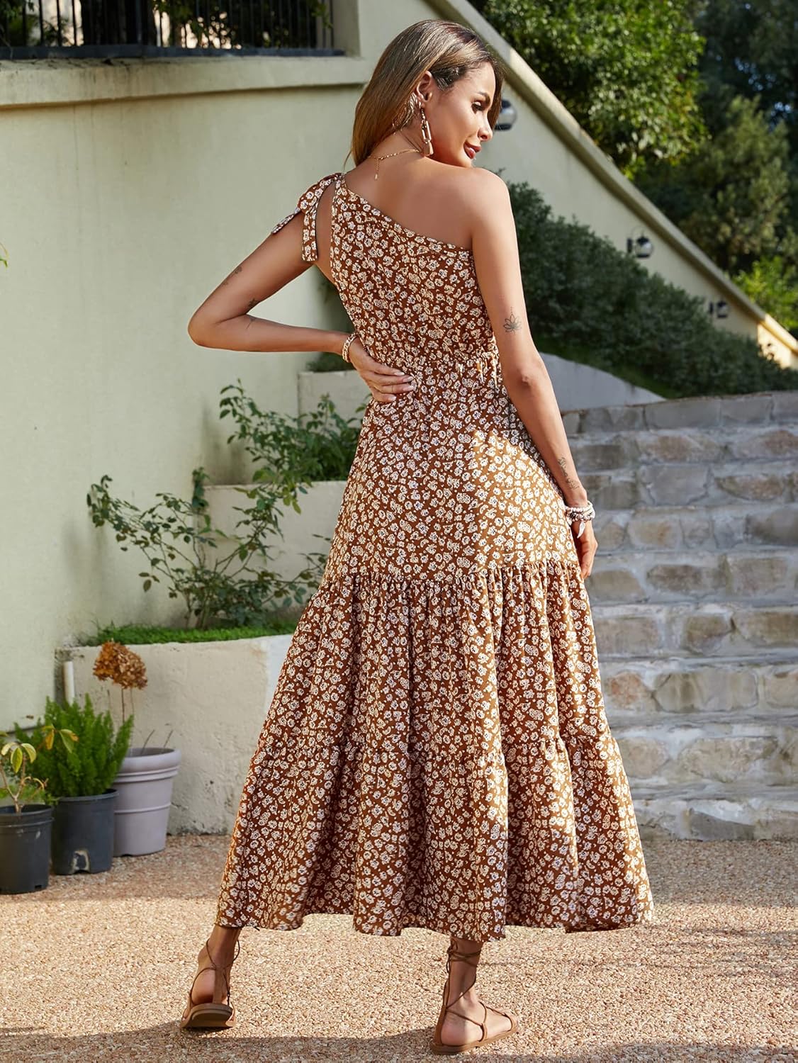 PRETTYGARDEN Women's Summer Floral Maxi Dress Knot One Shoulder Sleeveless Ruffle Flowy Boho Beach Wedding Guest Dresses