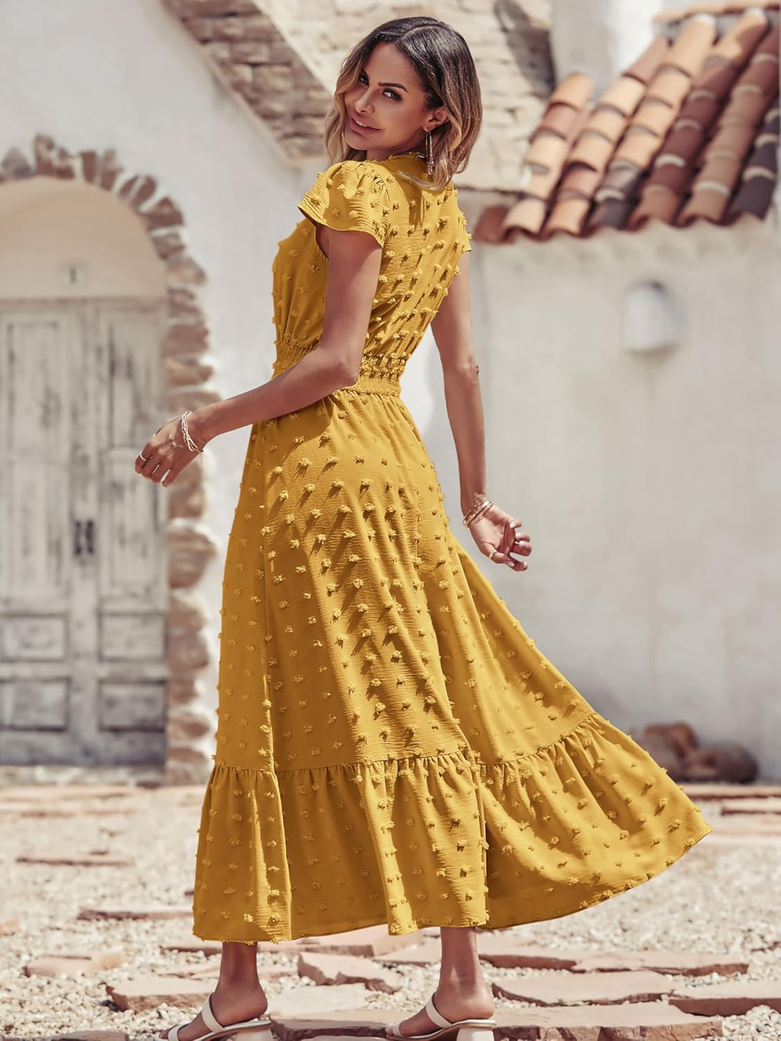 PRETTYGARDEN Womens Dresses 2025 Summer Maxi Dress Boho Short Sleeve V Neck Swiss Dot Ruffle Tiered Smocked Flowy Long Dress