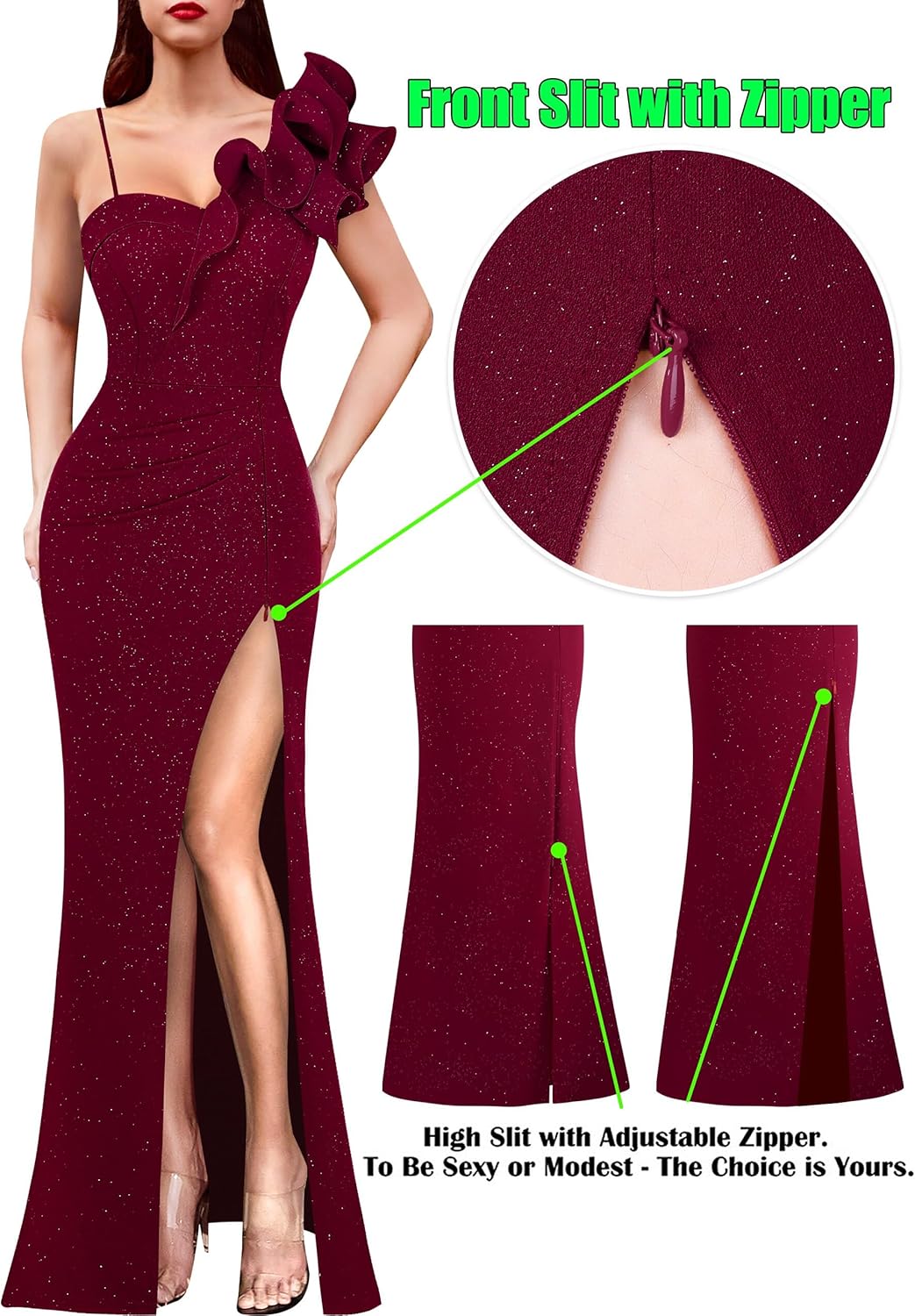 VFSHOW Womens Ruffle One Shoulder Strap Ruched Formal Prom Wedding Maxi Dress V Neck Elegant Split Cocktail Evening Long Gown