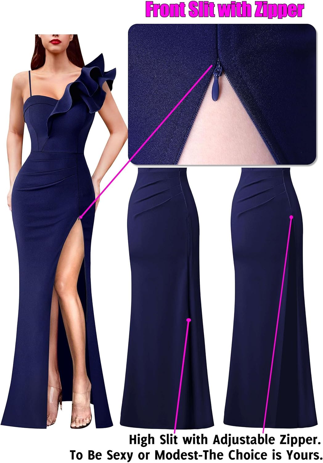 VFSHOW Womens Ruffle One Shoulder Strap Ruched Formal Prom Wedding Maxi Dress V Neck Elegant Split Cocktail Evening Long Gown