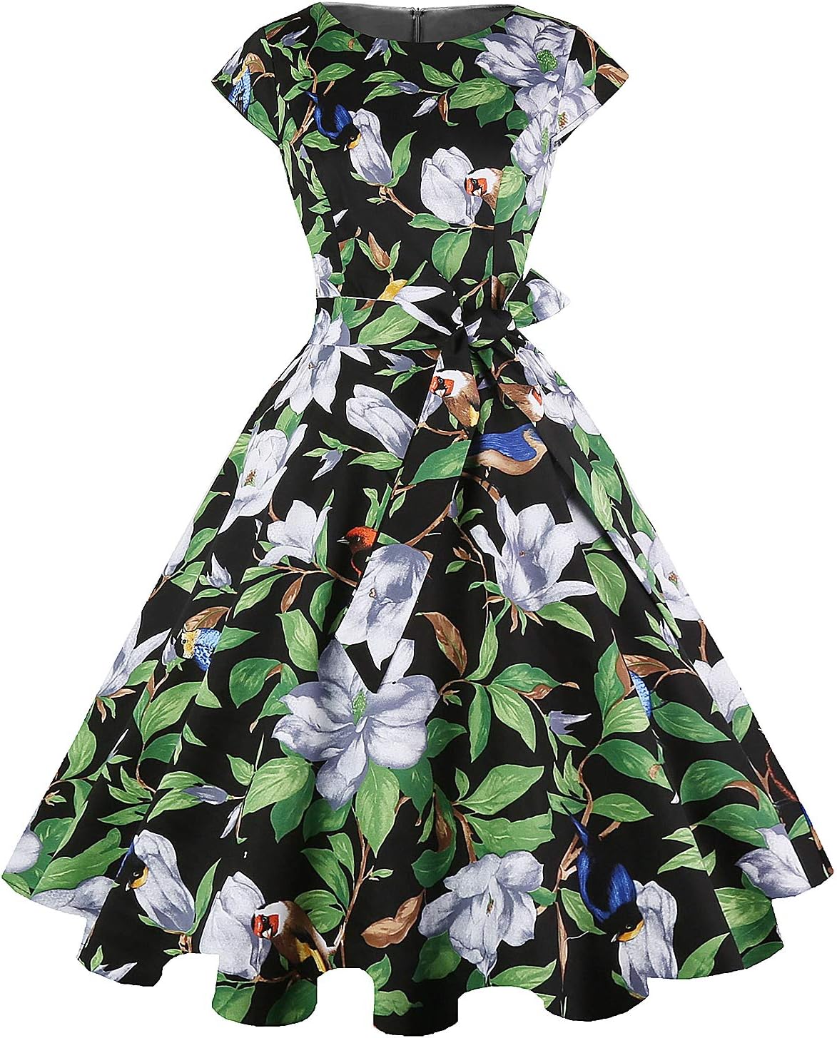 PUKAVT Women's 1950 Boatneck Cap Sleeve Vintage Swing Cocktail Party Dress with Pockets