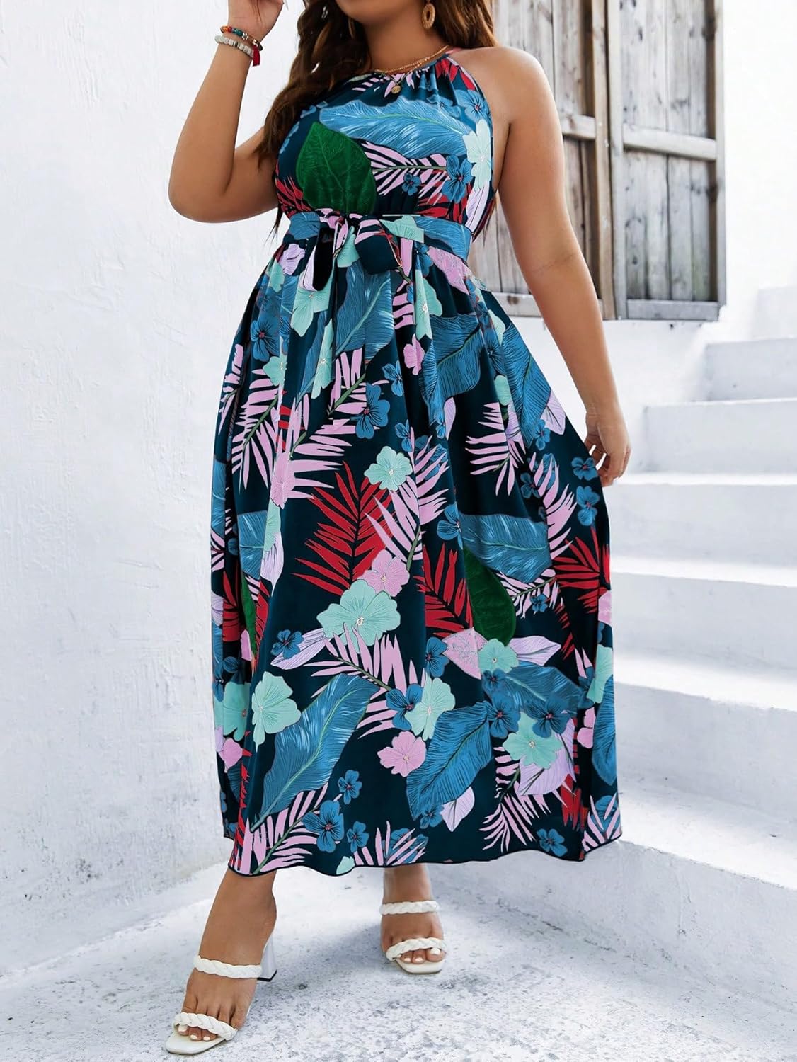 Floerns Women's Plus Size Boho Sleeveless Halter Neck Tie Back A Line Long Dress