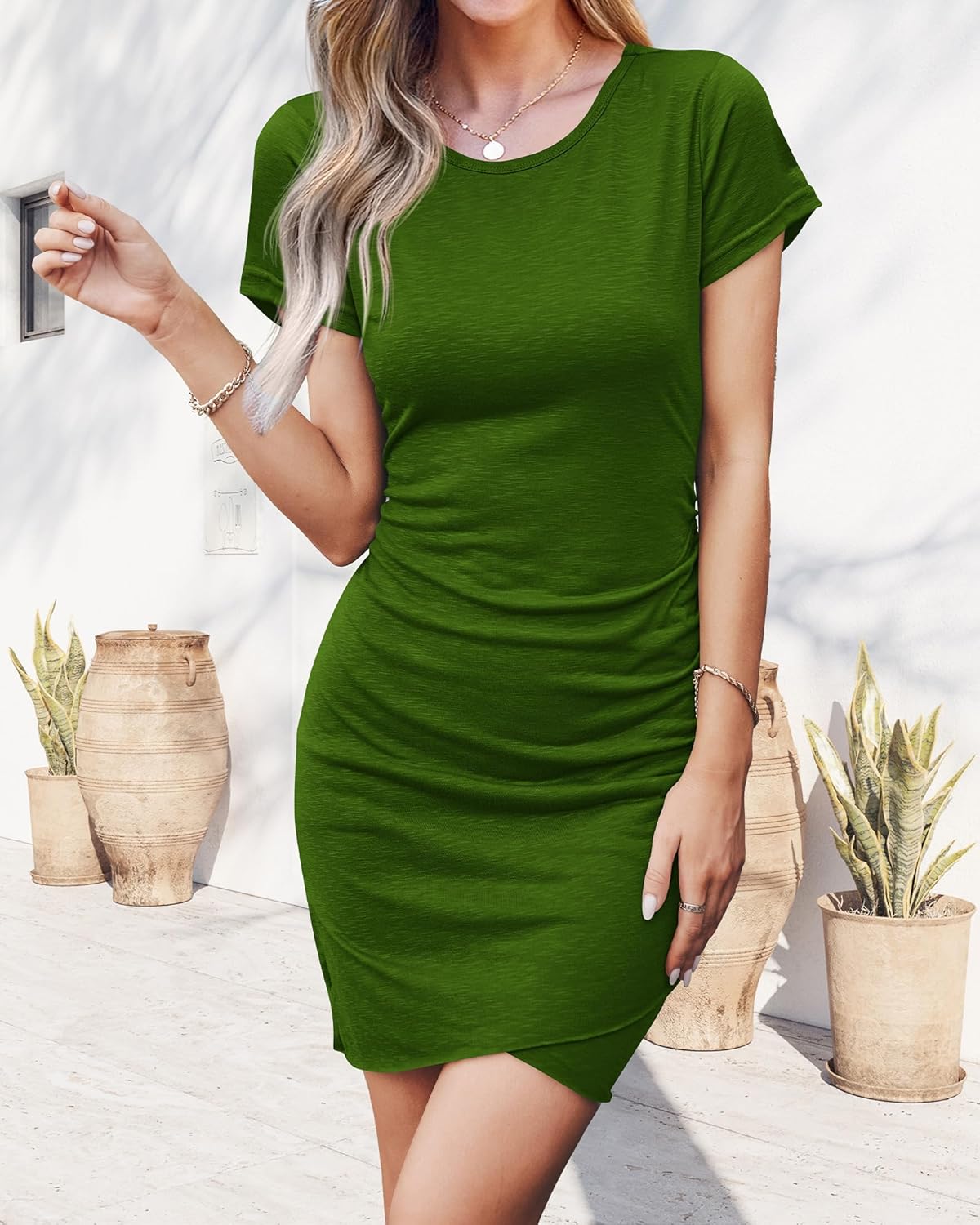 BTFBM Women's 2025 Summer Casual Beach Dresses Crew Neck Short Sleeve Wrap Party Club Mini Ruched Bodycon T Shirt Dress