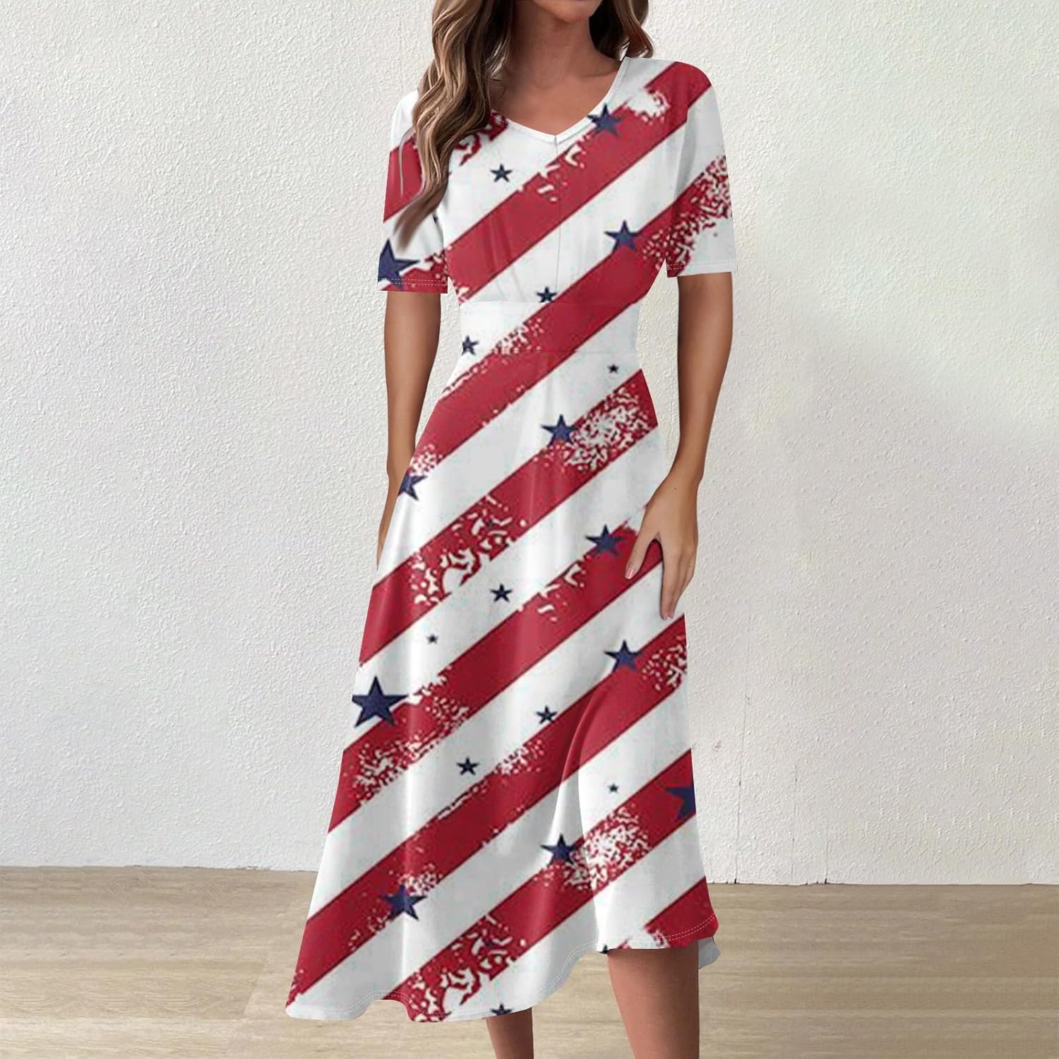 Women's Patriotic Star Print Midi Short Sleeve V-Neck Casual A-Line Dress for Summer Parties & Events