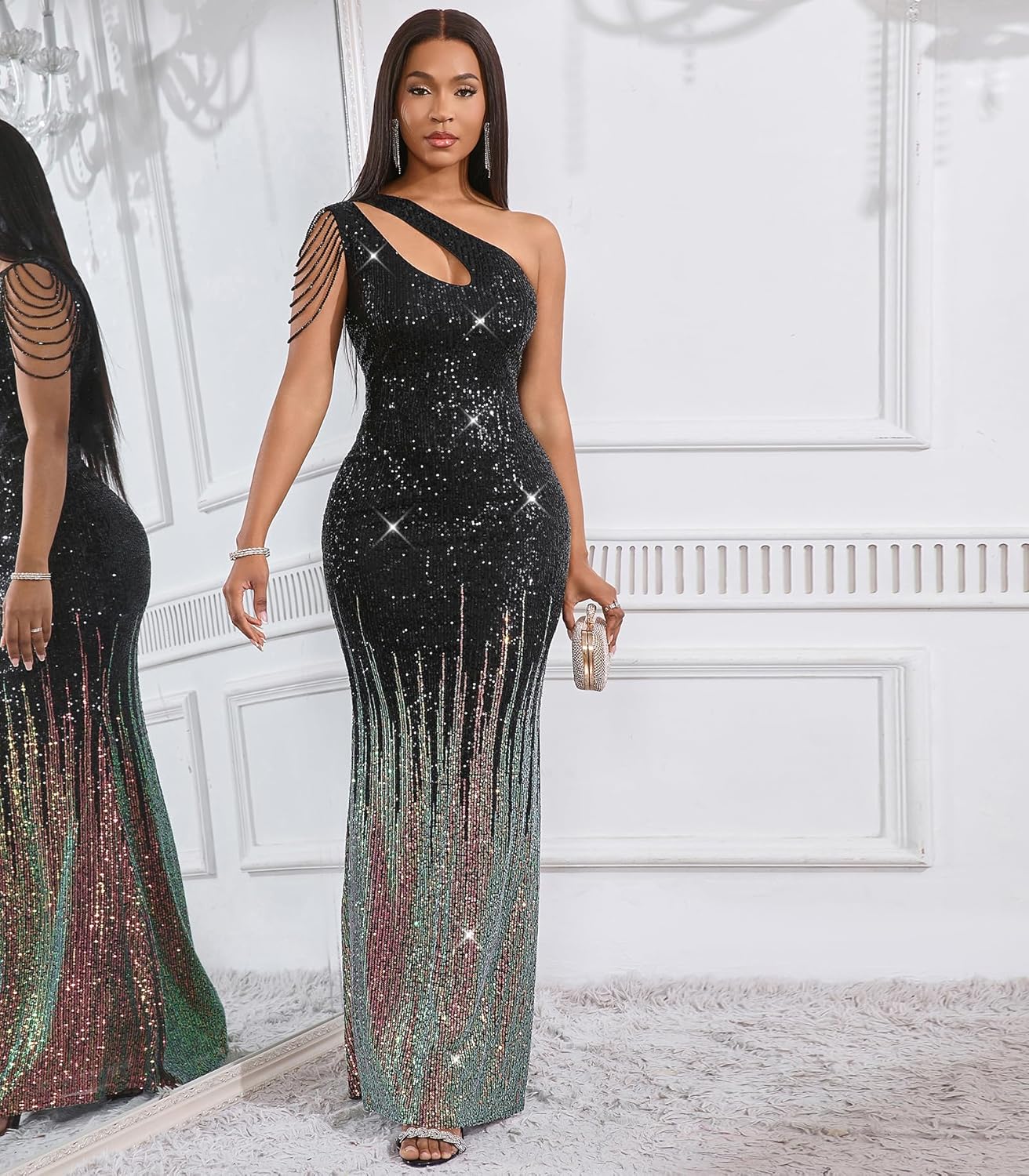 Cololura Women Sequin Elegant Sexy One Shoulder Tassel Mermaid Bodycon Cocktail Evening Dress