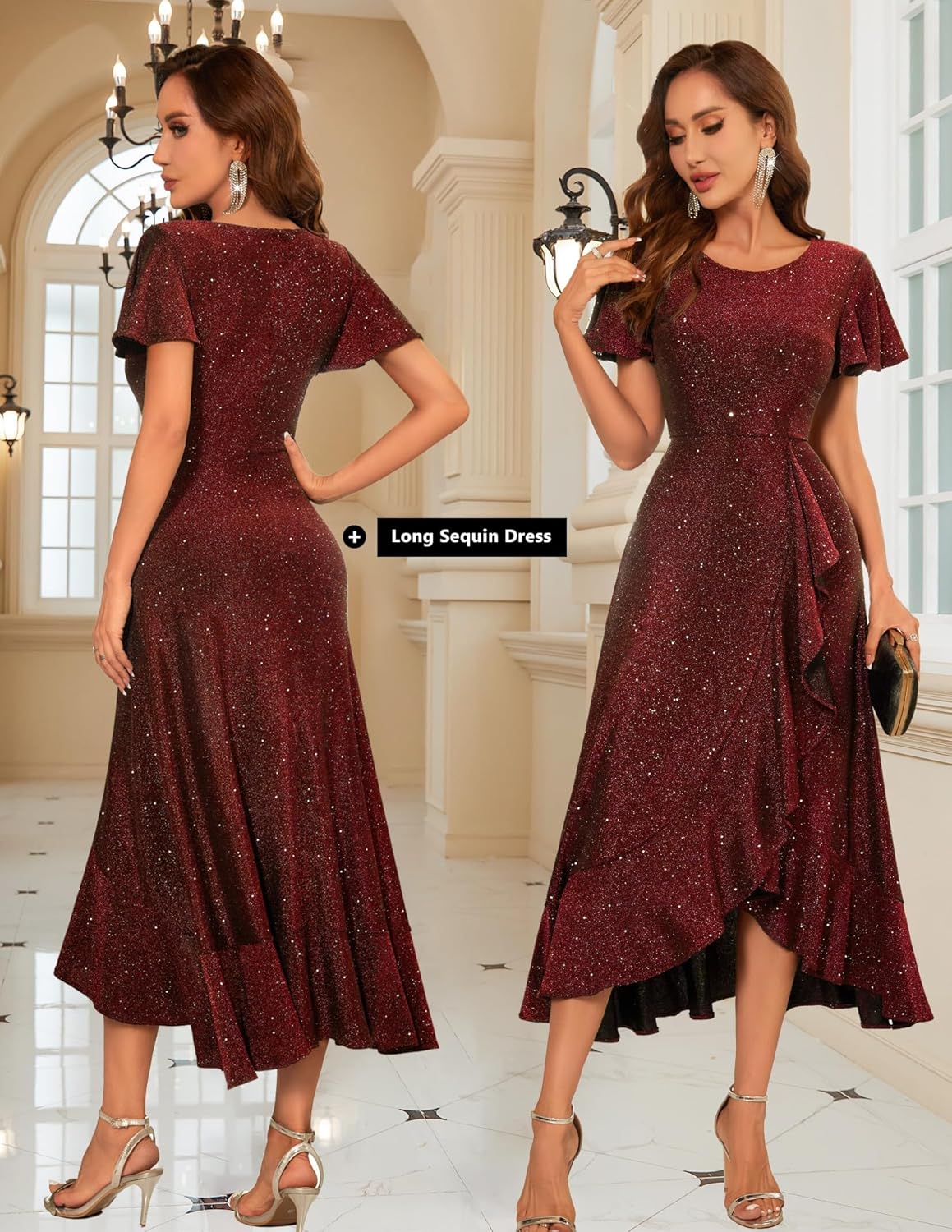 BeryLove Women Sequin Formal Party Dress Flutter Short Sleeve Wedding Cocktail Long Evening Dress