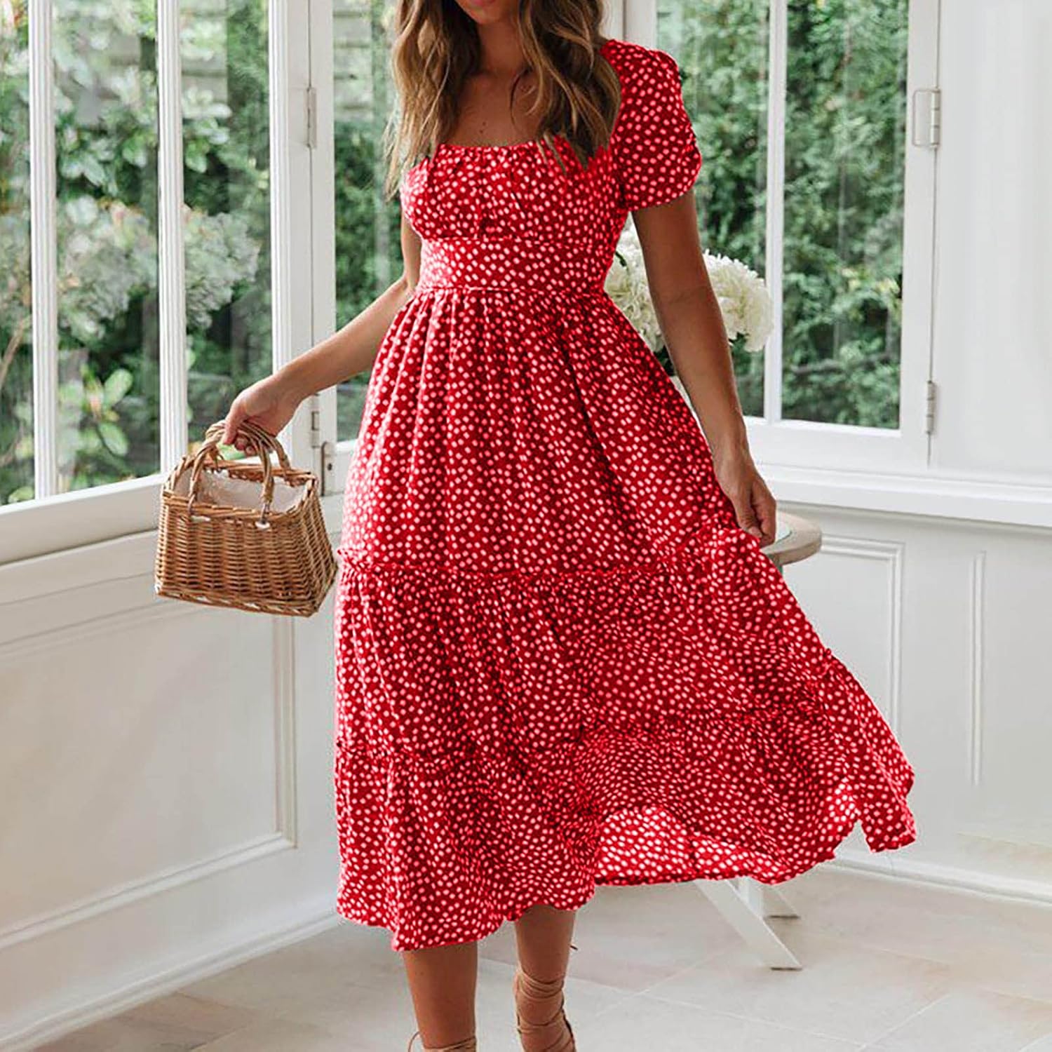 Womens Short Sleeve Dress Dress for Women Scoop Neck Chiffon Beach Hawaiian Pleated Maxi Long Dress 2025
