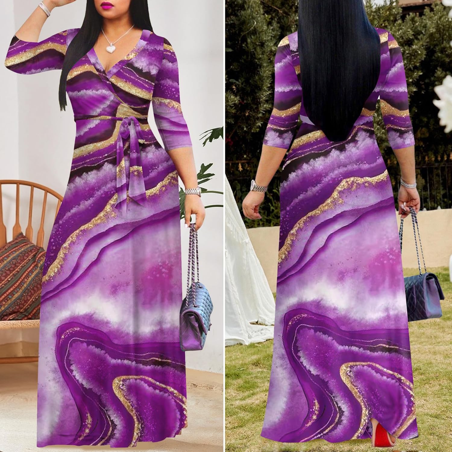 FANDEE Plus Size Maxi Dress for Women Casual Summer Sundress V-Neck 3/4 Sleeve