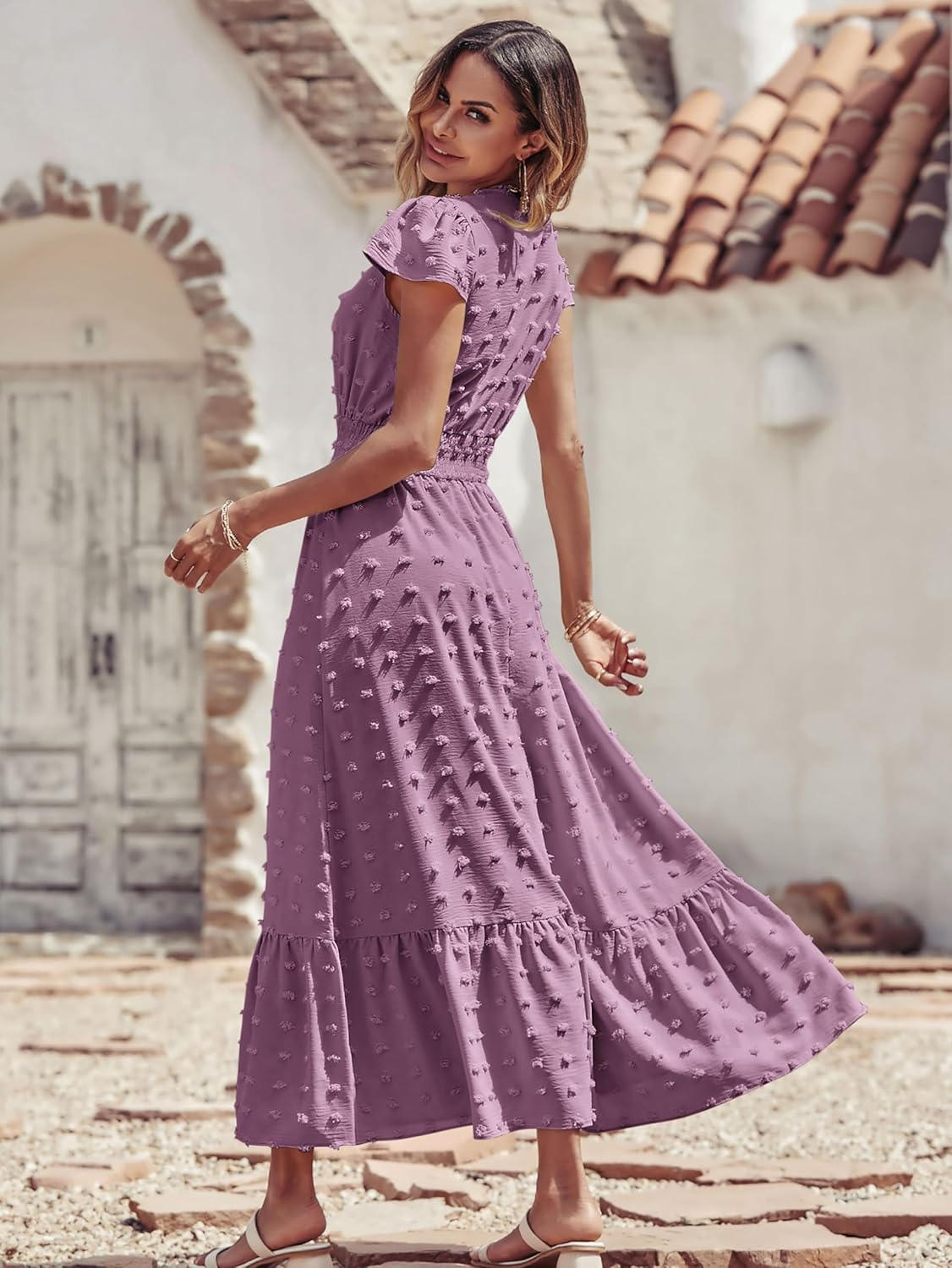 PRETTYGARDEN Womens Dresses 2025 Summer Maxi Dress Boho Short Sleeve V Neck Swiss Dot Ruffle Tiered Smocked Flowy Long Dress