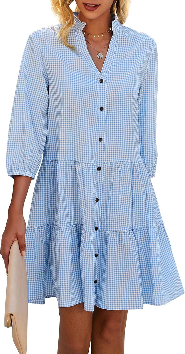 CCTOO Women's Summer Dresses Casual V Neck Button Down 3/4 Sleeve Floral Print Loose Flowy Shirt Dress