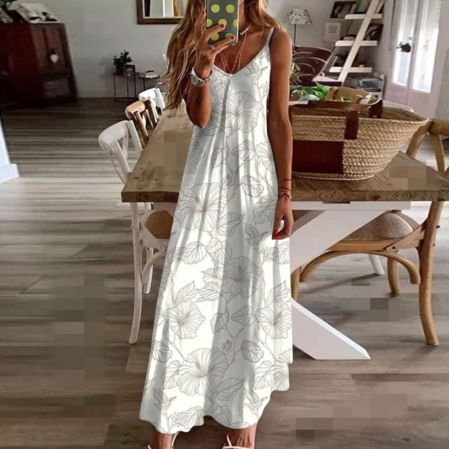 Womens Floral Maxi Dresses Spaghetti Strap Casual Summer Long Dress Vneck Flowy Boho Beach Sundress Vacation Outfits