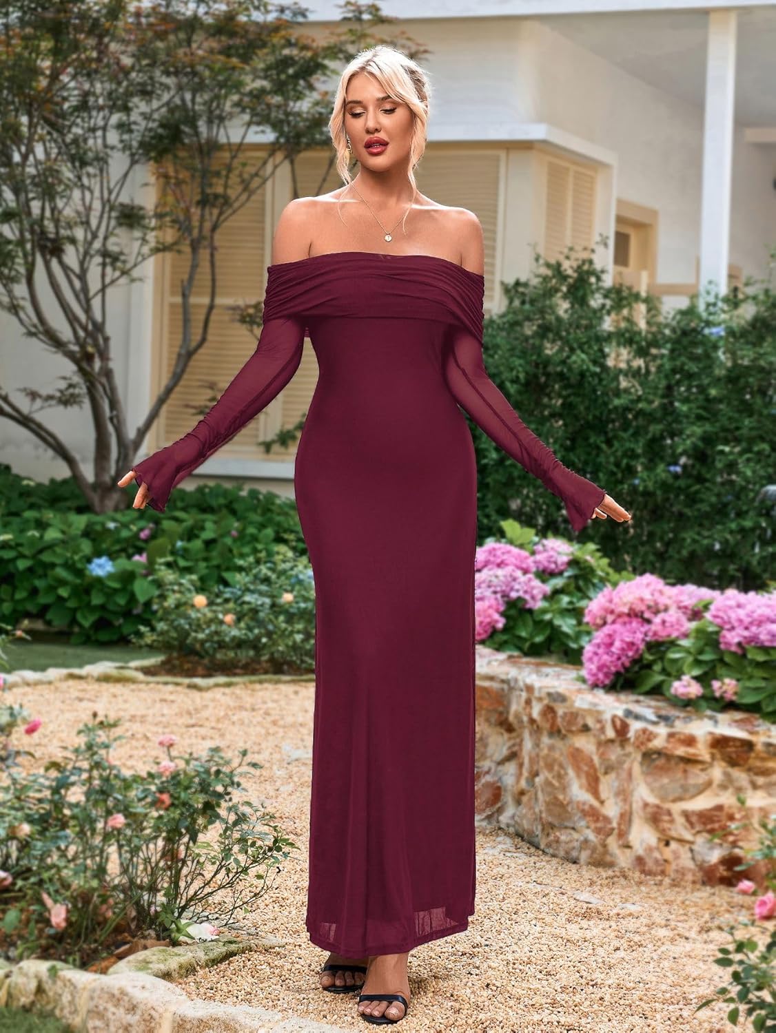 KUTUMAI Women Off Shoulder Bodycon Maxi Dress Long Sleeve Mesh Ruched Party Formal Wedding Guest Dresses