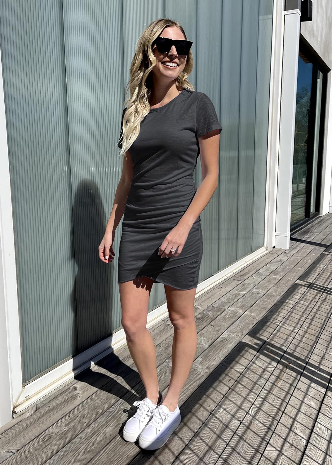 BTFBM Women's 2025 Summer Casual Beach Dresses Crew Neck Short Sleeve Wrap Party Club Mini Ruched Bodycon T Shirt Dress
