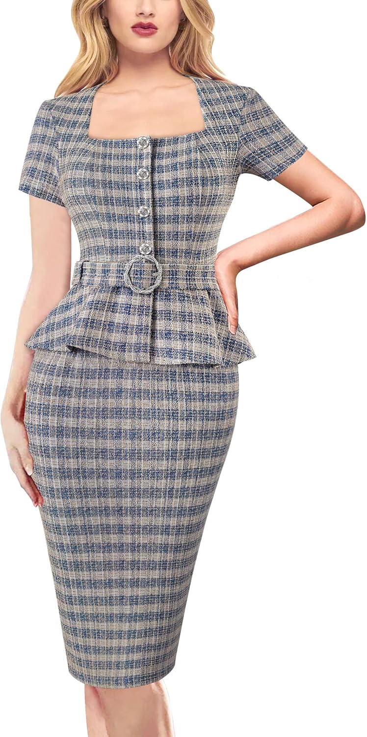 VFSHOW Womens 2024 Business Work Office Square Neck Belted Peplum Buttons Slim Bodycon Sheath Dress