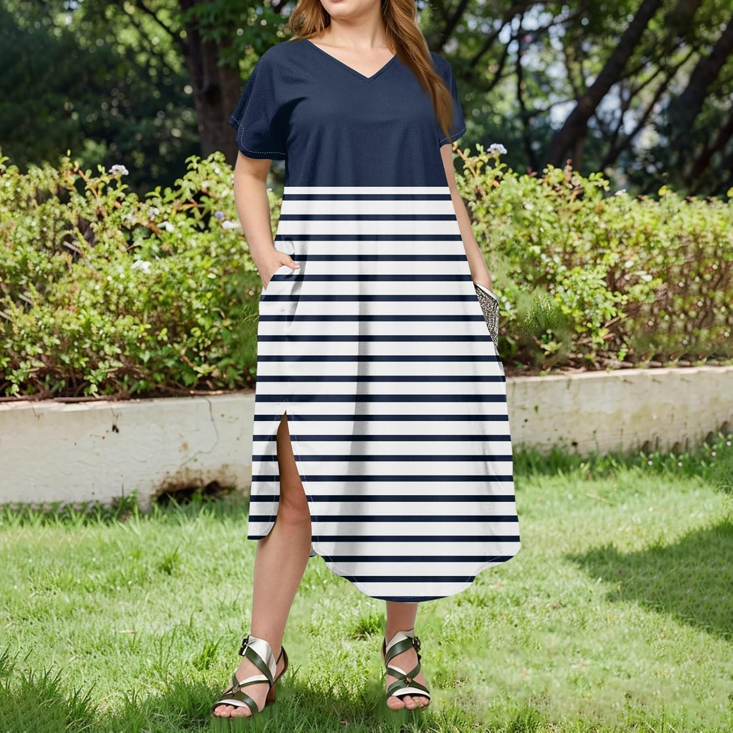 Maxi Dresses for Women 2025 Plus Size Tie Dye V Neck Dress Short Sleeve Side Split Beach Summer Sundress with Pocket