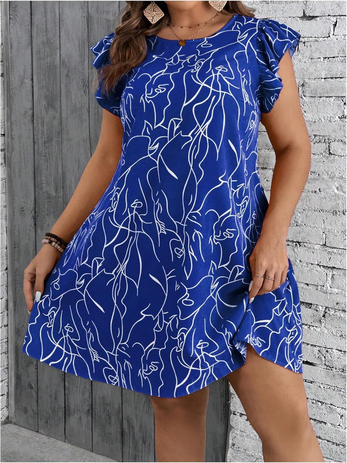 SOLY HUX Women's Plus Size Summer Dress Graphic Print Ruffle Cap Sleeve Loose Short Dresses