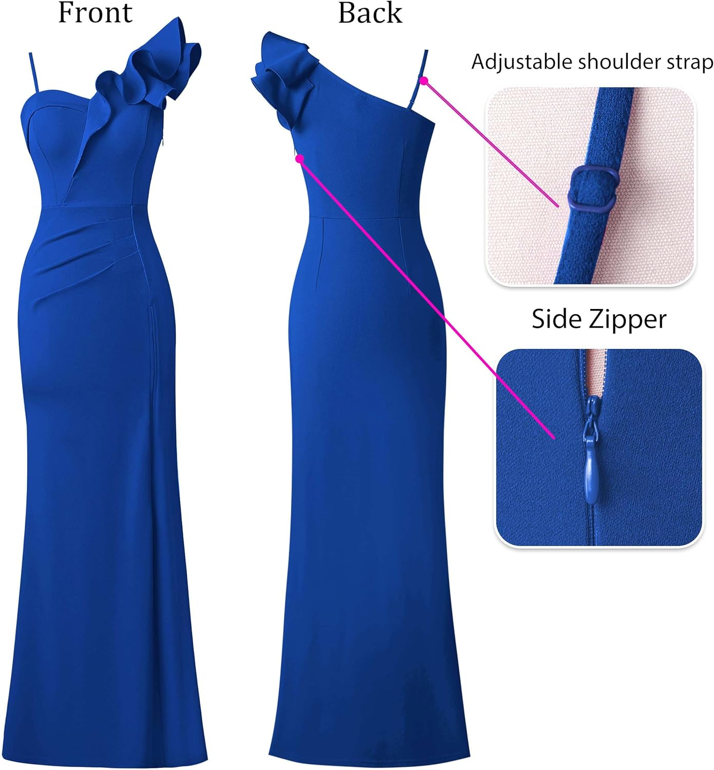 VFSHOW Womens Ruffle One Shoulder Strap Ruched Formal Prom Wedding Maxi Dress V Neck Elegant Split Cocktail Evening Long Gown