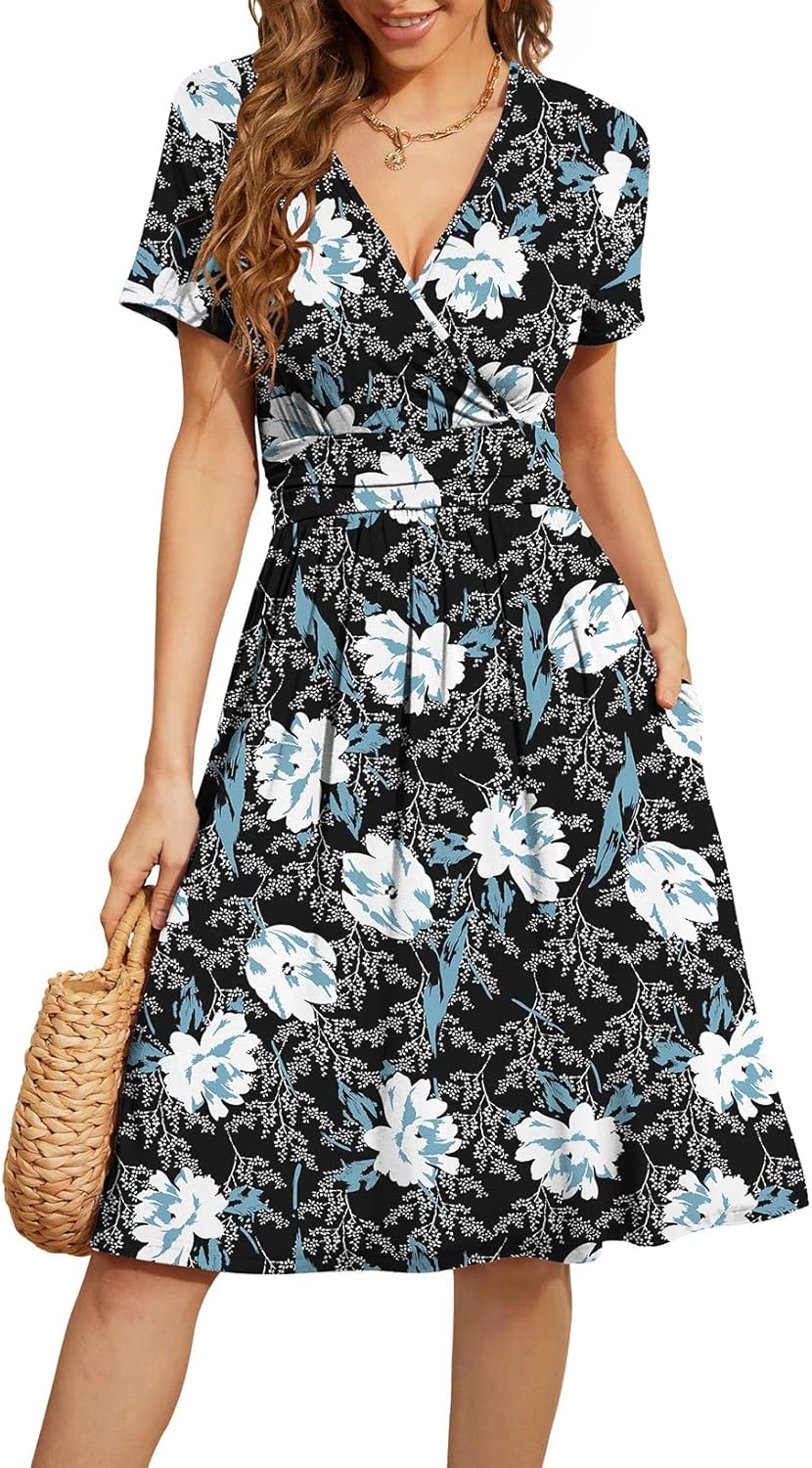 WEACZZY Women's Summer Short Sleeve Casual Dresses V-Neck Floral Party Dress with Pockets