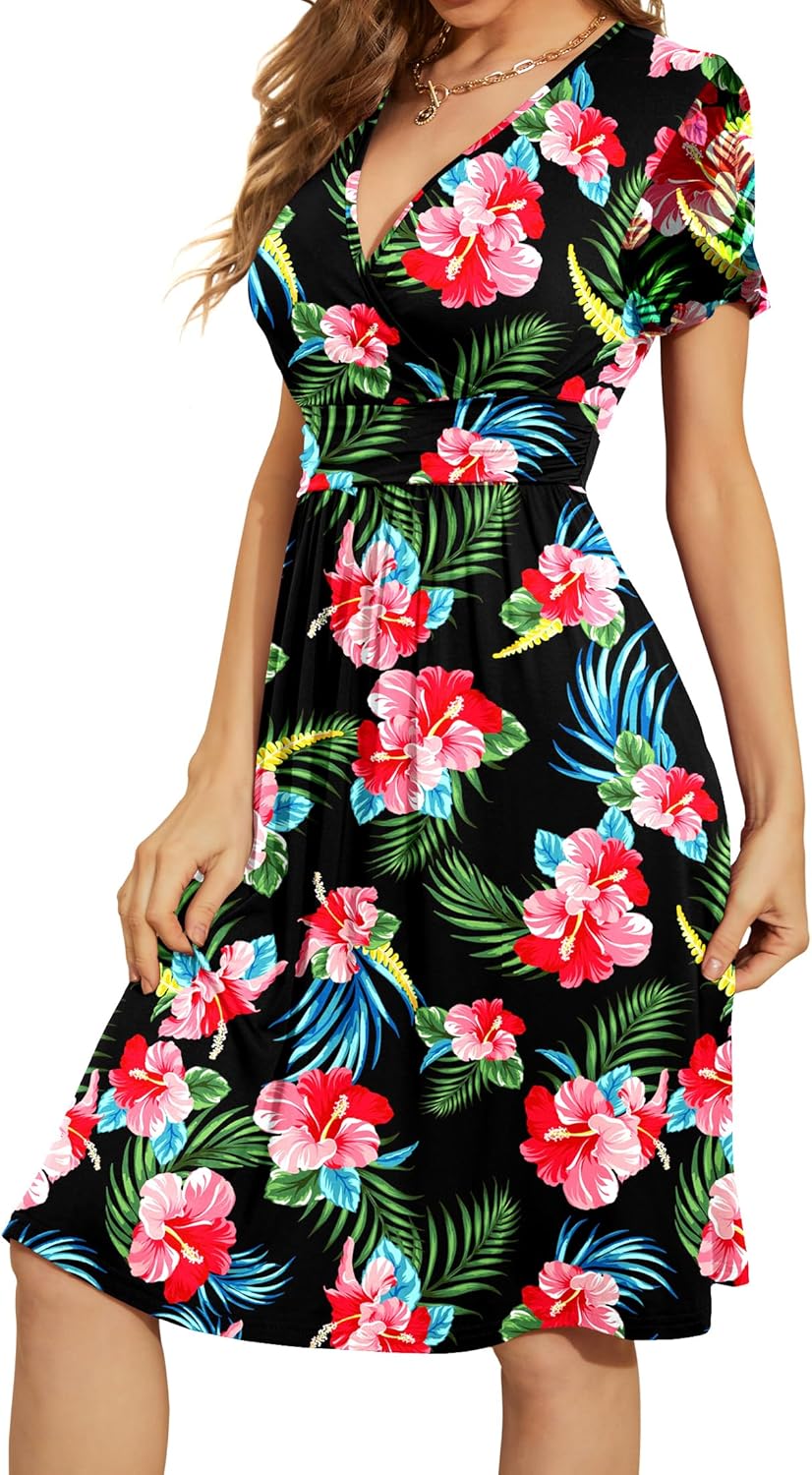 WEACZZY Women's Summer Short Sleeve Casual Dresses V-Neck Floral Party Dress with Pockets